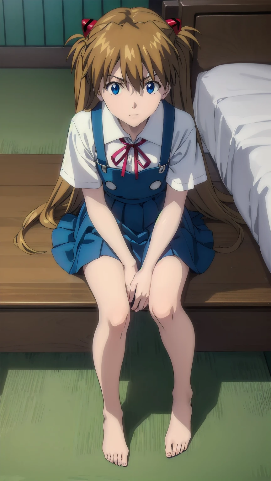 (((Pixel Perfect, Perfect detail))), One Girl, alone, from above, asuka langley soryu, (souryuu asuka langley:1.2), long hair, bangs, blue eyes, brown hair, hair ornament, skirt, shirt, ribbon, , white shirt, short sleeves, blue skirt, suspenders, watch, suspender skirt, wristwatch, tokyo-3 middle , (sitting in bed:1.3), indoor, whole body