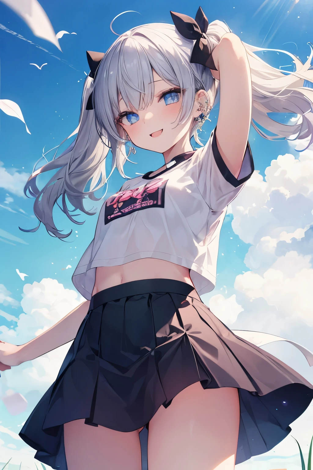 Silver-haired blue eyes、 girl、Small breasts、Twin tails、Laughter、Nico Nico Smile、Wink、 girl、Looks about 、Petan Musume、short、There are highlights on the eyes、Gal-like appearance、Wearing piercings、Sexy short sleeve outfit、mini skirt、The wind is blowing and my panties are showing through my skirt、that&#39;Because it&#39;s so hot&#39;Sweating、I can see your belly button、blue sky