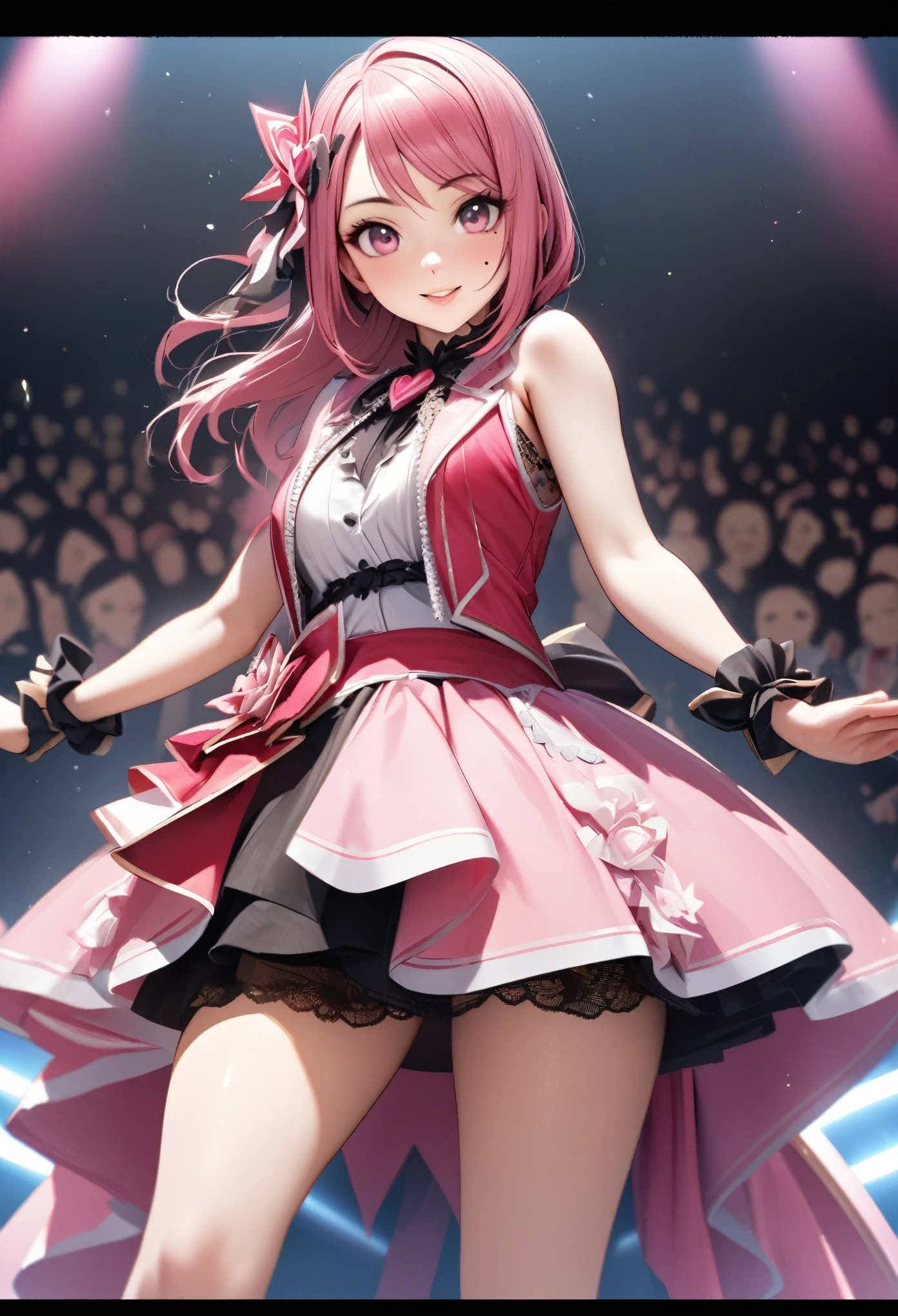 One Girl、Looking at the audience、
Beautiful Pink Eyes、long pink hair、,Mole under the eye、Plump and glossy lips、Heart-shaped choca、Idol、she is name Riko,smile、ー、。.。.。.。.。.。.。.。.。.。.。.。.。.。.。.。.。.。.3D、Realistic、
idol costume、short skirt,Drape clothes、gem、The decoration has been removed、Floral、Lace trim,On the glittering stage、
masterpiece、highest quality、8k、Detailed skin texture、Detailed cloth texture、Beautifully detailed face、Intricate details、Very detailed、
超A high resolution、8K Ultra HD、Film Grain、Best Shadow、delicate、Staring at the audience、front