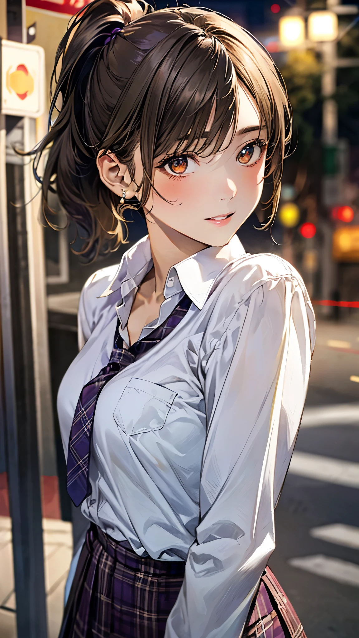 (masterpiece:1.3, top-quality, ultra high resolution, ultra detailed), (realistic, photorealistic:1.4), beautiful illustration, perfect lighting, natural lighting, depth of fields, portrait,
beautiful detailed hair, beautiful detailed face, beautiful detailed eyes, beautiful clavicle, beautiful body, beautiful chest, beautiful thigh, beautiful legs, beautiful hands, super detailed skin,
looking at viewer, (face focus, upper body), 1 girl, high school girl, , old, (pect anatomy, anatomically correct), cute and symmetrical face, babyface, pct face, perfect eyes,
(short hair, (low ponytail:1,2), light brown hair), crossed bangs, (gold eyes), slant eyes, big eyes, long eye lasher, (medium breasts, juicy thighs, attractive thighs, cleavage:1.0),
((detailed cloth texture, long sleeves white collared shirt, break, (purple) tie, break, (dark purple) plaid skirt, break, ), dark brown hair chouchou, finest underwear), dark blue school sheaths,
(beautiful scenery), evening, (sidewalk, traffic light), (walking), (seductive smile, upper eyes, parted lips),