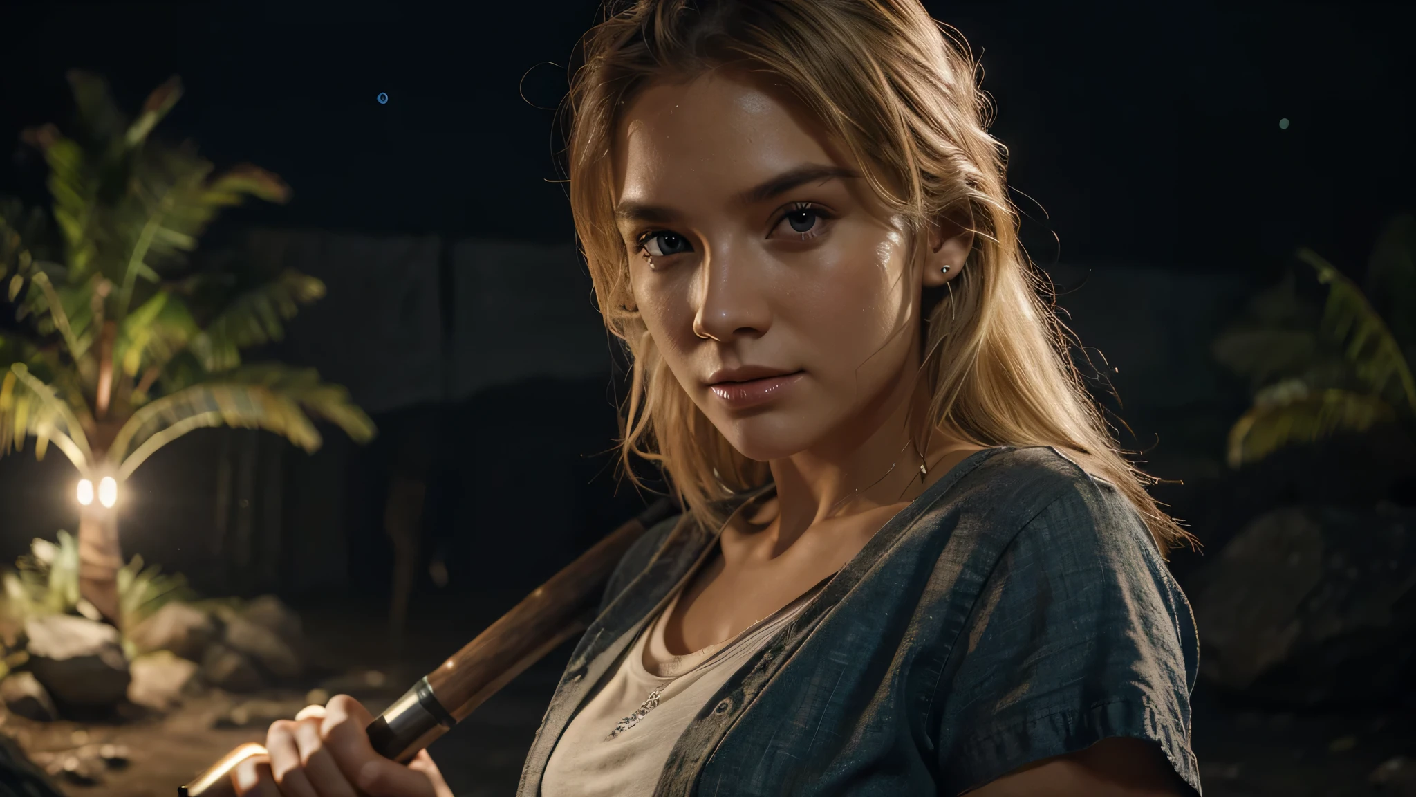 Prehistoric times, beautiful blonde, short shirt, torn shirt, short shorts, 8k sensory lighting, night outdoors, under the stars, 4k is extremely photorealistic, 4k is extremely photorealistic, watching the stars at night, cgsociety uhd 4k with high detail, trending on cgstation, night with starry sky, attractive pose, weapon in hand - ax, Hyper-realistic face, clear volumetric shadows, medium shot