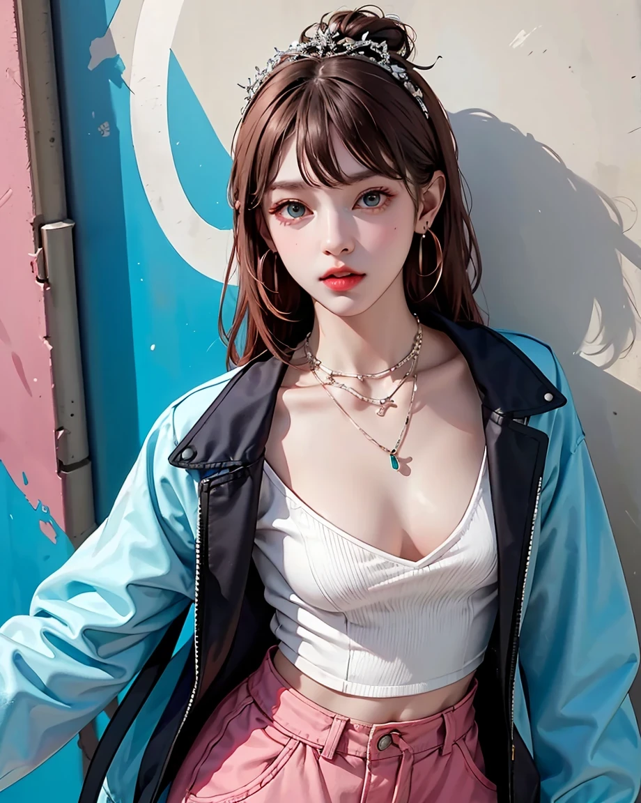 (masterpiece, highest quality, 1 girl, alone, Intricate details, chromatic aberration), Realistic, ((Medium breath)),Long Hair, Redhead, red ornament on head, pink highlights, Amber Eyes, Earrings, Sharp eyes, necklace, Neon Shirt, Torn shorts, Unbuttoned jacket, turtleneck, night, Against the wall, Brick wall, graffiti, Dim lighting, alley, View your viewers,(Big Breasts,Small waist)