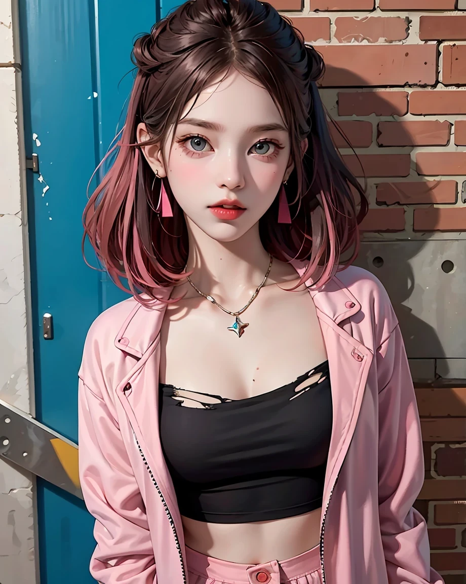 (masterpiece, highest quality, 1 girl, alone, Intricate details, chromatic aberration), Realistic, ((Medium breath)),Long Hair, Redhead, red ornament on head, pink highlights, Amber Eyes, Earrings, Sharp eyes, necklace, Neon Shirt, Torn shorts, Unbuttoned jacket, turtleneck, night, Against the wall, Brick wall, graffiti, Dim lighting, alley, View your viewers,(Big Breasts,Small waist)