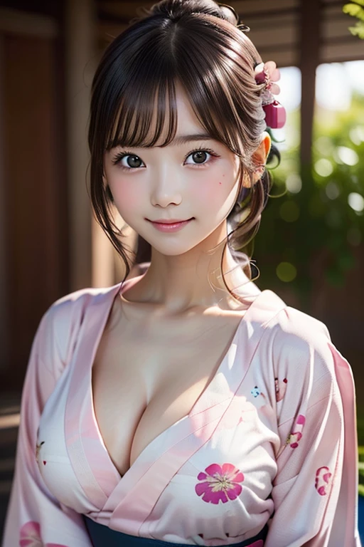 (ung girl), Extremely cute face, Amazing face and eyes, (Highly detailed eyes, Highly detailed face), fresh, Very clean appearance, (Hyper-realistic, hight resolution), (Best Quality:1.4), Raw photo, (Realistic, Photorealsitic:1.37), Professional Photography, (light pink floral pattern yukata:1.5), (Open yukata), (cleavage:1.2), (Bare shoulders), Smile slightly, (Staring at me), Bedroom, girl portrait , (gigantic breasts)