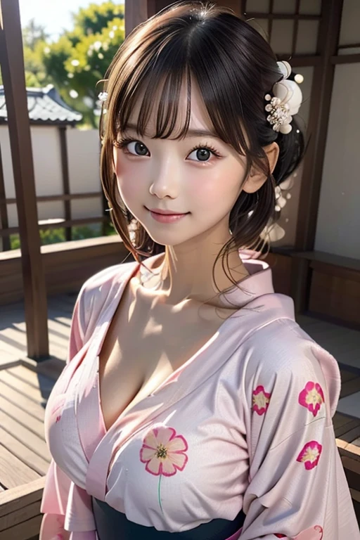 (1ung girl), Extremely cute face, Amazing face and eyes, (Highly detailed eyes, Highly detailed face), fresh, Very clean appearance, (Hyper-realistic, hight resolution), (Best Quality:1.4), Raw photo, (Realistic, Photorealsitic:1.37), Professional Photography, (light pink floral pattern yukata:1.5), (Open yukata), (cleavage:1.2), (Bare shoulders), Smile slightly, (Staring at me), Bedroom, girl portrait  , (gigantic breasts)