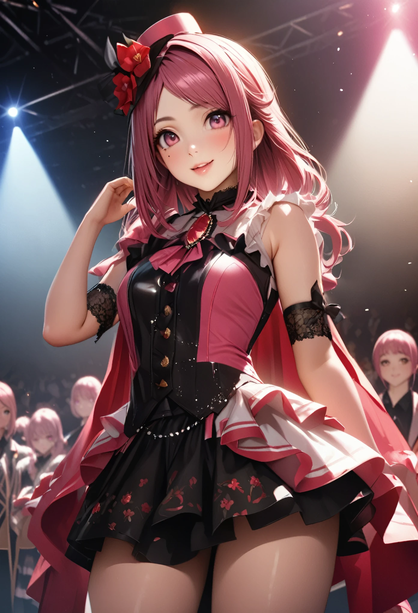 One Girl、Looking at the audience、
Beautiful Pink Eyes、long pink  hair、,Mole under the eye、Plump and glossy lips、Heart-shaped choca、Idol、she is name Riko,smile、ー、。.。.。.。.。.。.。.。.。.。.。.。.。.。.。.。.。.。.3D、Realistic、
idol costume、short skirt,Drape clothes、gem、The decoration has been removed、Floral、Lace trim,On the glittering stage、
masterpiece、highest quality、8k、Detailed skin texture、Detailed cloth texture、Beautifully detailed face、Intricate details、Very detailed、
超A high resolution、8K Ultra HD、Film Grain、Best Shadow、delicate、Staring at the audience、front