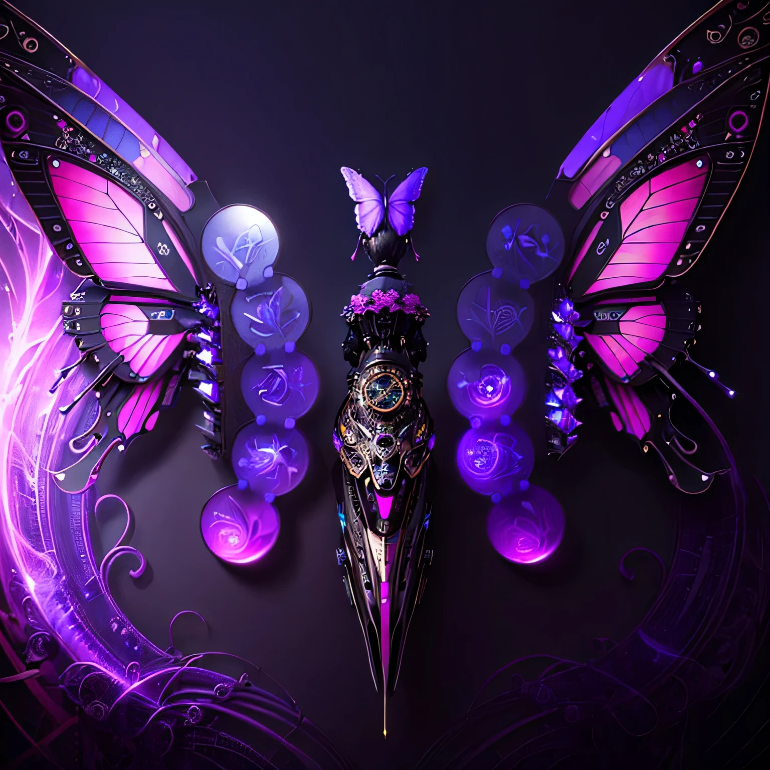 masterpiece，（Beauty and aesthetics：1.5），illustration，Surrealism，Highly detailed，（Mechanical butterfly：1.7），Steampunk theme，portrait，Creating a fusion of technology and art，（Epic composition，Epic Proportions），Two colors（blue、Pink Purple）HD，Black background，Front view