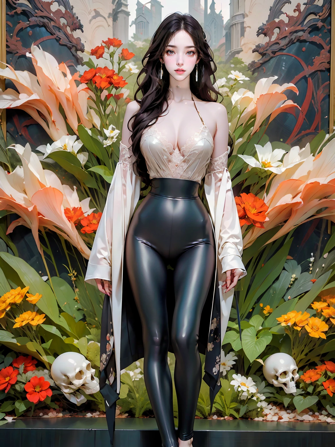 (masterpiece, best quality:1.2)，shiny astride，solo,Anatomically correct，GFAhri，ezh, 1beautiful girl, long hair,smile,barefoot,lace,Carved and hollowed out shiny leggings, blush,breasts,cleavage,large breasts,lips,long hair,smile,toenails,) femdom,hetero,(rich background, film shooting, depth of field, Super visual, The art of HR Giger and Beksinski comes together in this detail, Grim, skeletons:1.5，Flowing saliva:1.5，Bare brains on the wall，beauitful , mucus:1.5，A large number of homogeneous species:1.5，Psychedelic background，Dark horror scene. Sharp images, Use edge lights to render at 8K resolution, Lovecraft's tentacles, Surreal and dreamlike elements，decaying flesh，supernatural horror,pearl thong