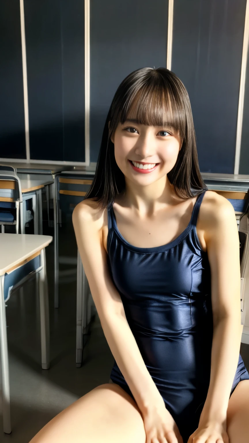 (best quality,masterpiece,realistic,photo-realistic:1.4),8K,high resolution, (exmetely detailed, intricate details:1.2), cinematic lighting, (portrait, front view, view from below, look at viewer,thighs:1.8),solo,1girl,fit and body,((tiny breasts)),fine textured skin,pale skin,dark hair,long hair,detailed face,detailed eyes,,cheerful grin,(one-piece swimsuit, navy blue swimsuit),sitting at the desk,open crotch,spread legs wide,photo background,school classroom,