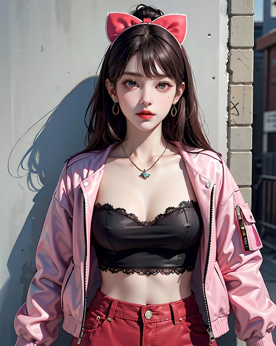 (masterpiece, highest quality, 1 girl, alone, Intricate details, chromatic aberration), Realistic, ((Medium breath)),Long Hair, Redhead, red ornament on head, pink highlights, Amber Eyes, Earrings, Sharp eyes, necklace, Neon Shirt, Torn shorts, Unbuttoned jacket, turtleneck, night, Against the wall, Brick wall, graffiti, Dim lighting, alley, View your viewers，(Big Breasts，Small waist)，(See-through)