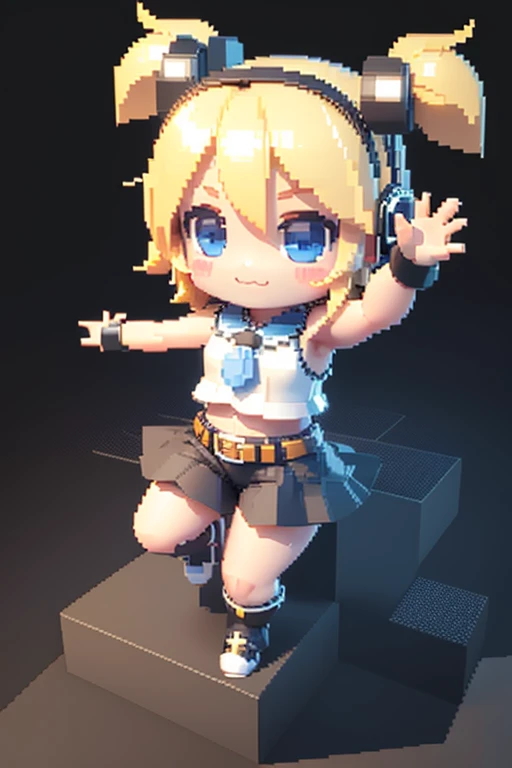 voxels,(3d big pixel art),(3d pixel art),chibi,large pixels,solo,1girl,Kagamine Rin\(vocaloid\),cute,kawaii,smile,hair floating,blue eyes,big eyes,blonde hair,short hair,number tattoo,white bow,white sleeveless shirt,detached black sleeves,belt,sailor collar,headphones,black short pants,black leg warmers,at stage,singing and dancing,(please generate hand correctly when generating hand:1.4),joyful,cute pose,dynamic pose,dynamic angle,sitting,(3d pixel art),(3d pixel art),(3d pixel art),simple background,at stage,(chibi:1.4)