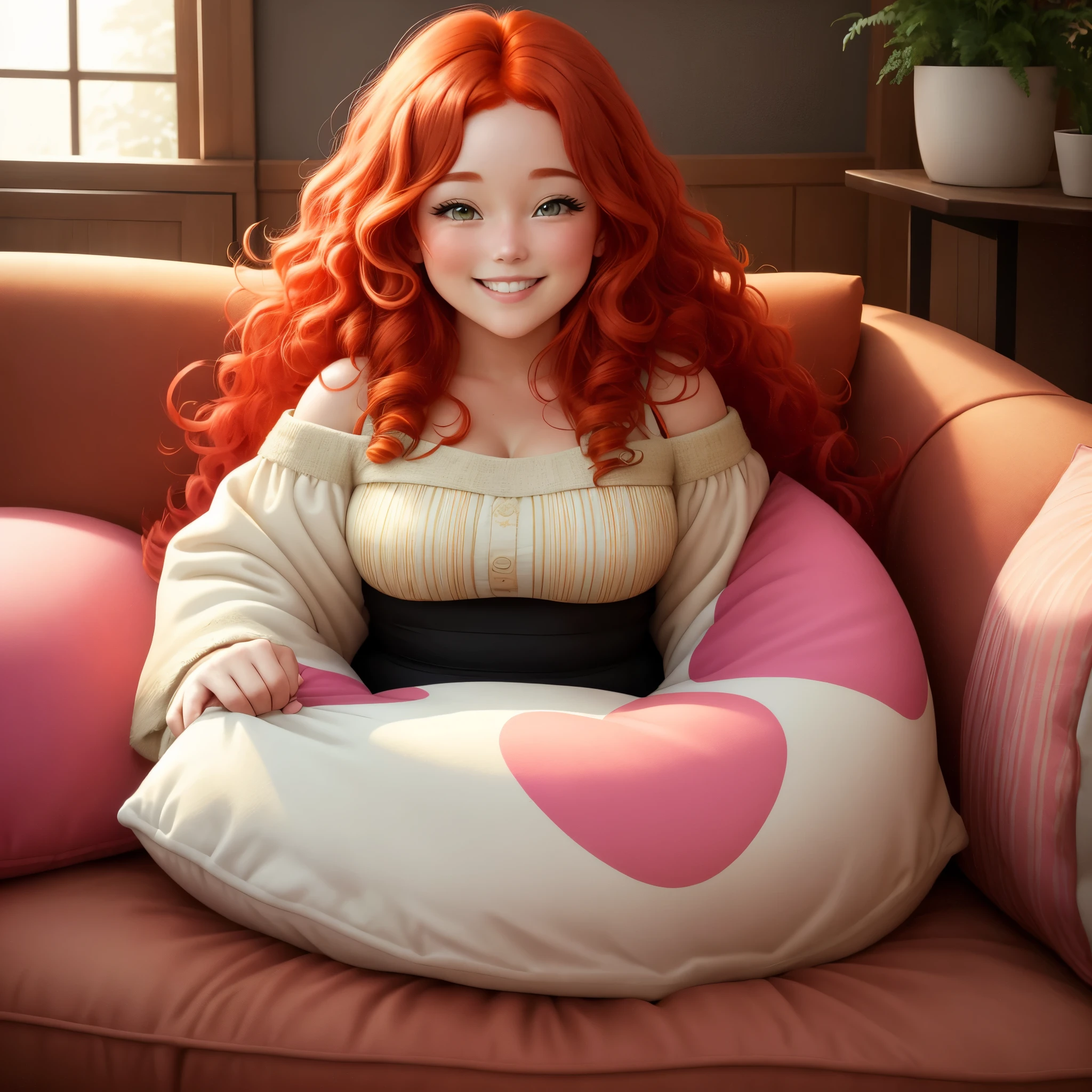 A cheerful red-haired person with a plump figure sits contentedly on a colorful couch, surrounded by an assortment of fluffy pillows. Their rosy locks cascade down their shoulders in thick, curly waves, framing a beaming smile adorned with dimples. Their bright eyes twinkle with joy, adding to their irresistible charm.