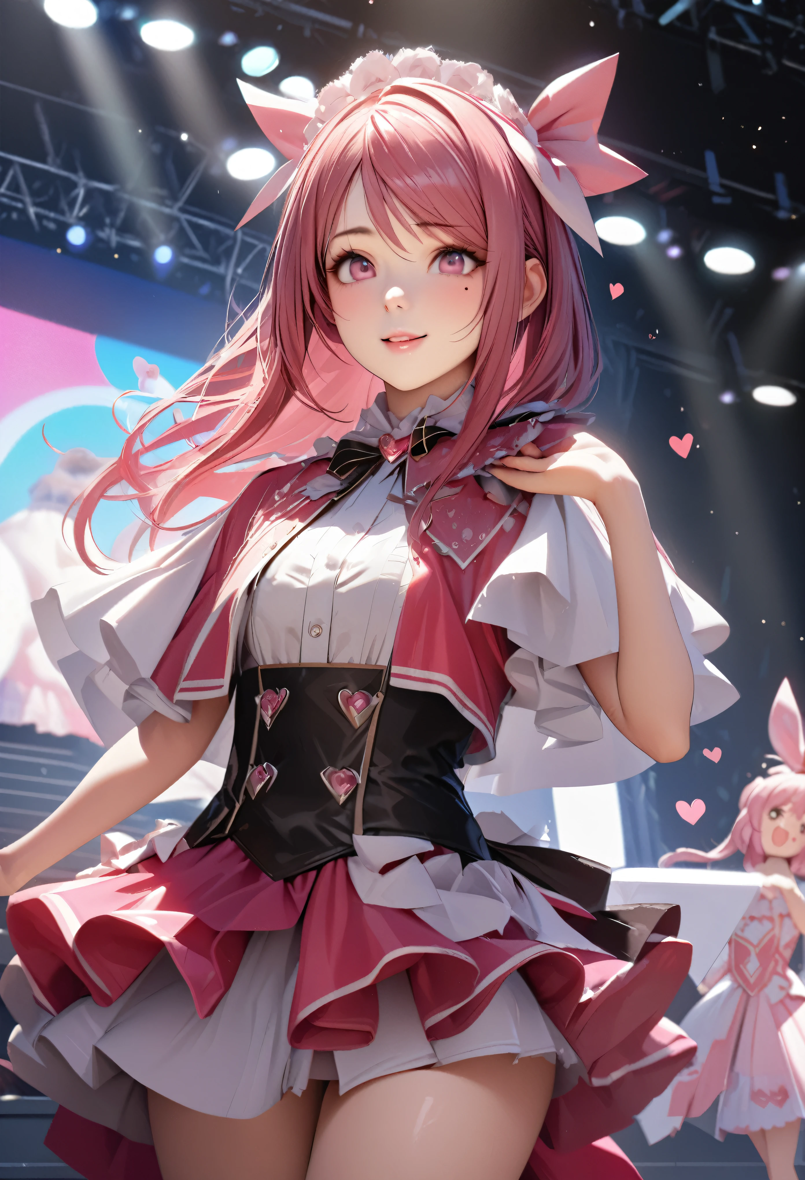 One Girl、Looking at the audience、
Beautiful Pink Eyes、long pink hair、,Mole under the eye、Plump and glossy lips、Heart-shaped choca、Idol、she is name Riko,smile、ー、。.。.。.。.。.。.。.。.。.。.。.。.。.。.。.。.。.。.3D、Realistic、
idol costume、short skirt,Drape clothes、gem、The decoration has been removed、Floral、Lace trim,On the glittering stage、
masterpiece、highest quality、8k、Detailed skin texture、Detailed cloth texture、Beautifully detailed face、Intricate details、Very detailed、
超A high resolution、8K Ultra HD、Film Grain、Best Shadow、delicate、Staring at the audience、front
