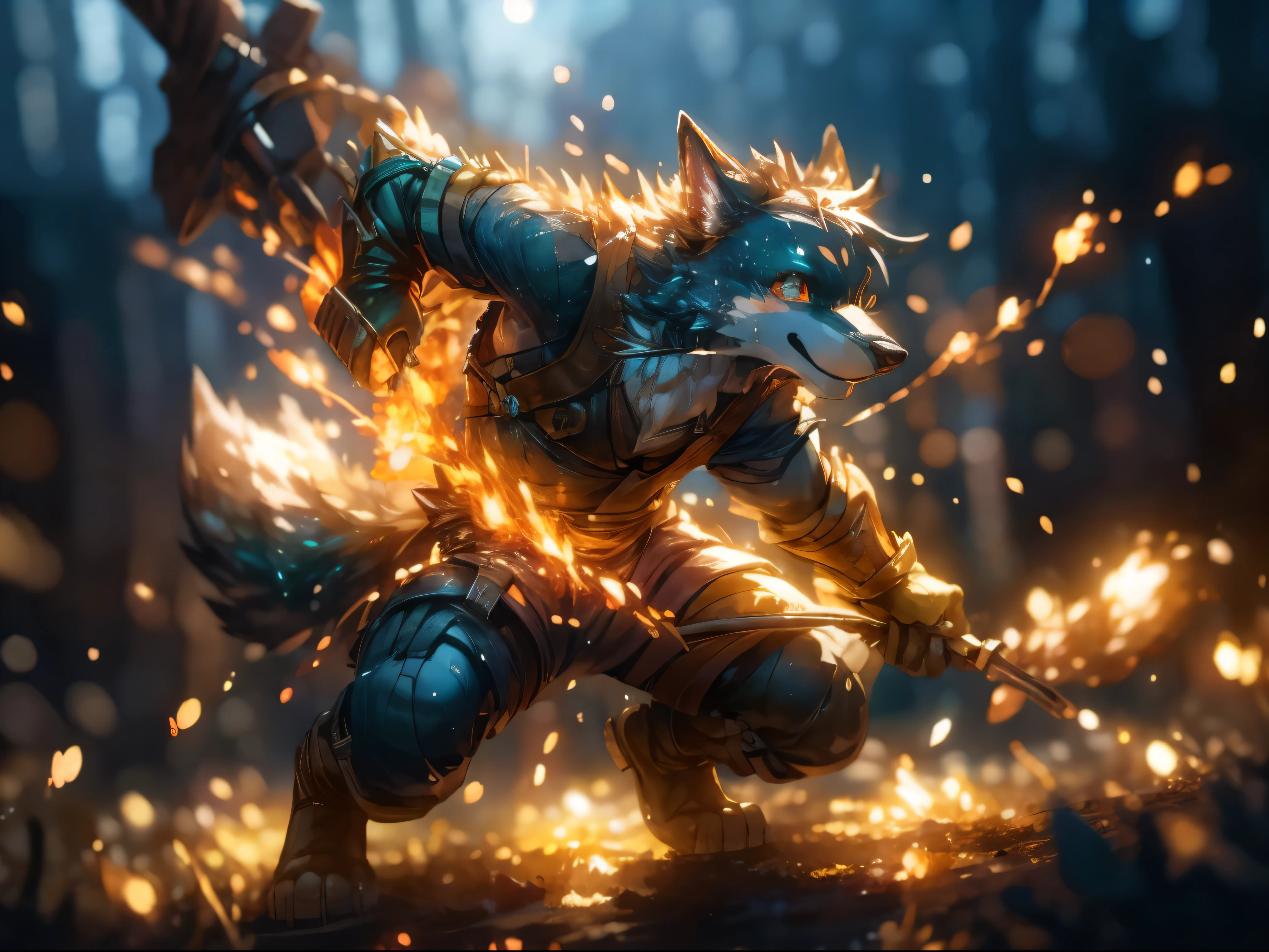 full body, furry, blacksmith, wolf, sweat, warm light, particles, natural lighting, windy, proud, hard lighting, dynamic lighting, depth of field, warm colours, realistic, particles, twinkling,