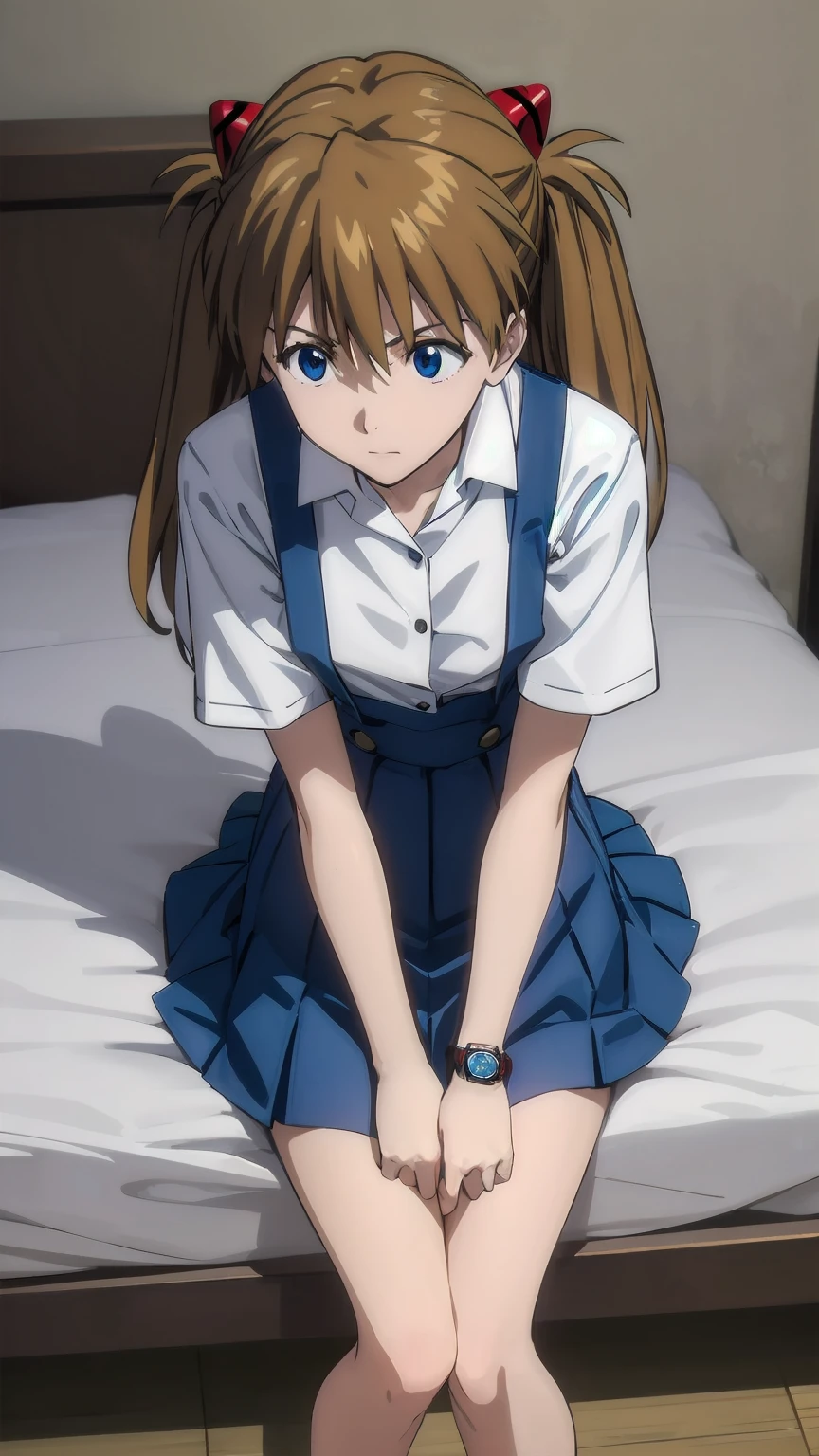 (((Pixel Perfect, Perfect detail))), One Girl, alone, from above, asuka langley soryu, (souryuu asuka langley:1.2), long hair, bangs, blue eyes, brown hair, hair ornament, skirt, shirt, ribbon, , white shirt, short sleeves, blue skirt, suspenders, watch, suspender skirt, wristwatch, tokyo-3 middle , (sitting in bed:1.3), indoor, whole body