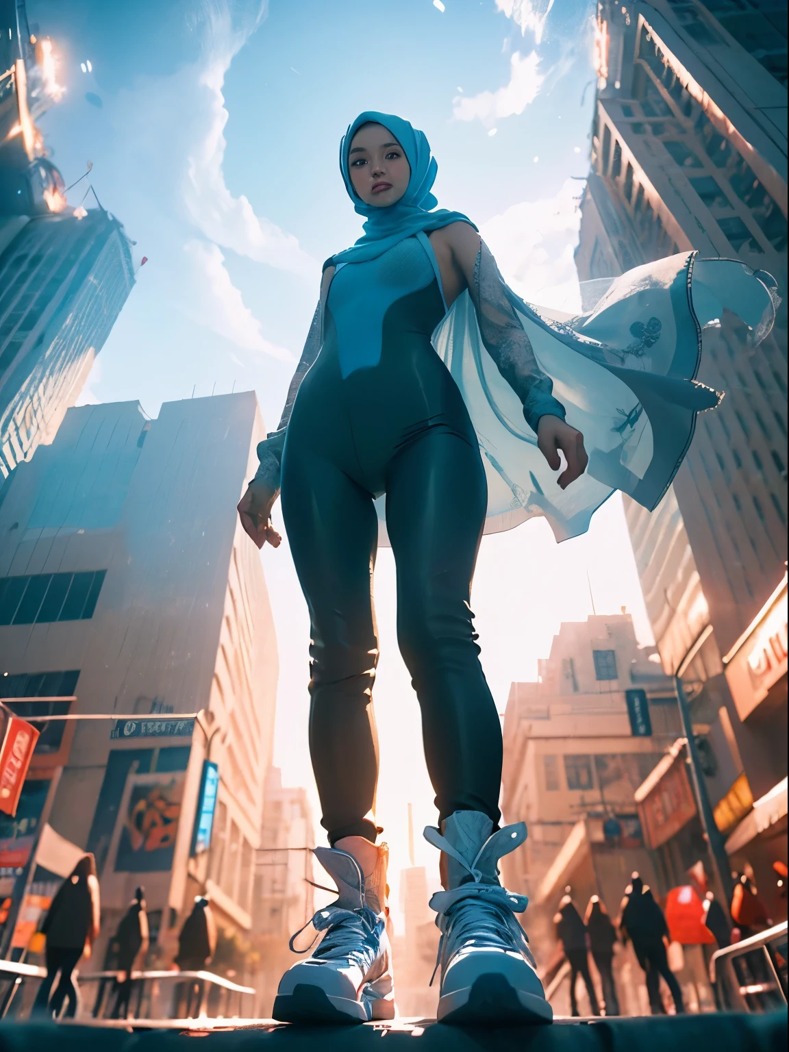 1 malay girl, solo,long big hijab, blue eyes, medium hijab, superhero, blue and white leotard, leggings, boots, hands on hip, top of building, very windy, city background, bokeh, nighttime, high quality, ultra detail, 8k, action pose, cinematic lighting, lot of smoke effect, dramatic action, fighting pose, style raw, 50mm lense, handheld shot camera angle, High Contrast cinematography effect, Natural Lighting, pastel color grading, hyper-detail photo,