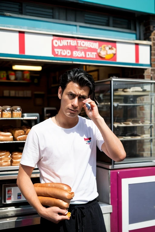 Troubled British male hot dog shop owner。He seemed quite worried.