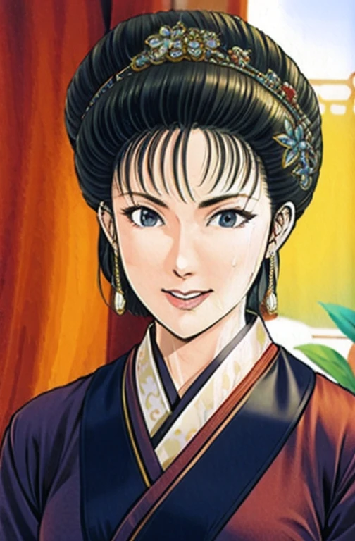 (best quality), (very aesthetic), (ultra-detailed), (best illustration),NSFW,a mature female,Perfect Face,Suikoden,Mrs. Lin,(full_body),big breast,red cheek,(troubled face),Sweating,skinny, chinese traditional clothes,chinese traditional style bed,