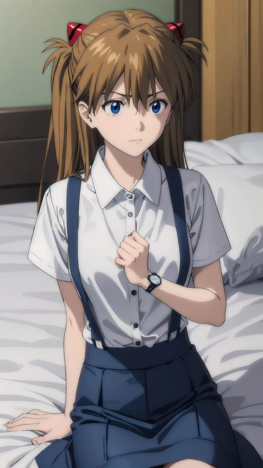 (((Pixel Perfect, Perfect detail))), One Girl, alone, from above, asuka langley soryu, (souryuu asuka langley:1.2), long hair, bangs, blue eyes, brown hair, hair ornament, skirt, shirt, ribbon, , white shirt, short sleeves, blue skirt, suspenders, watch, suspender skirt, wristwatch, tokyo-3 middle , (sitting in bed:1.3), indoor, whole body