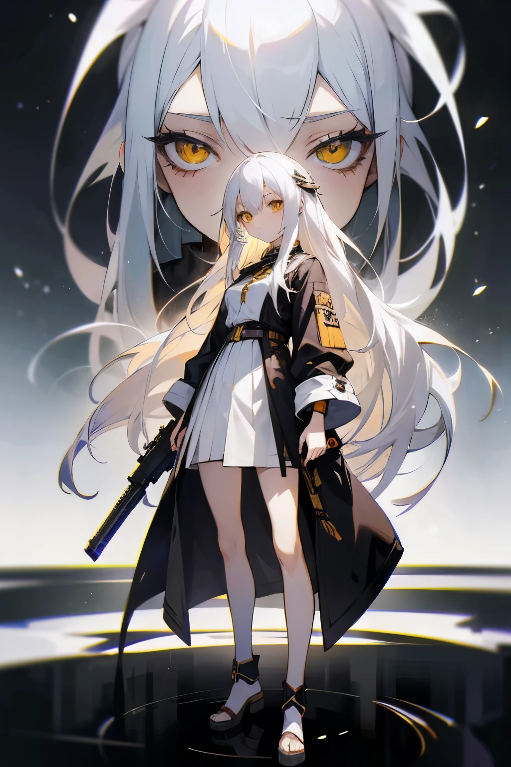 Anime girl with long white hair and yellow eyes,Anime Style, Anime Moe Art Style, Anime Girl Portrait,whole body, White Hair Girl,Silver Haired Girl, Anime style portrait, Head to Toe,Young,Expressionless,Small breasts,Standing upright、Clothing is Western clothes、He has a gun
