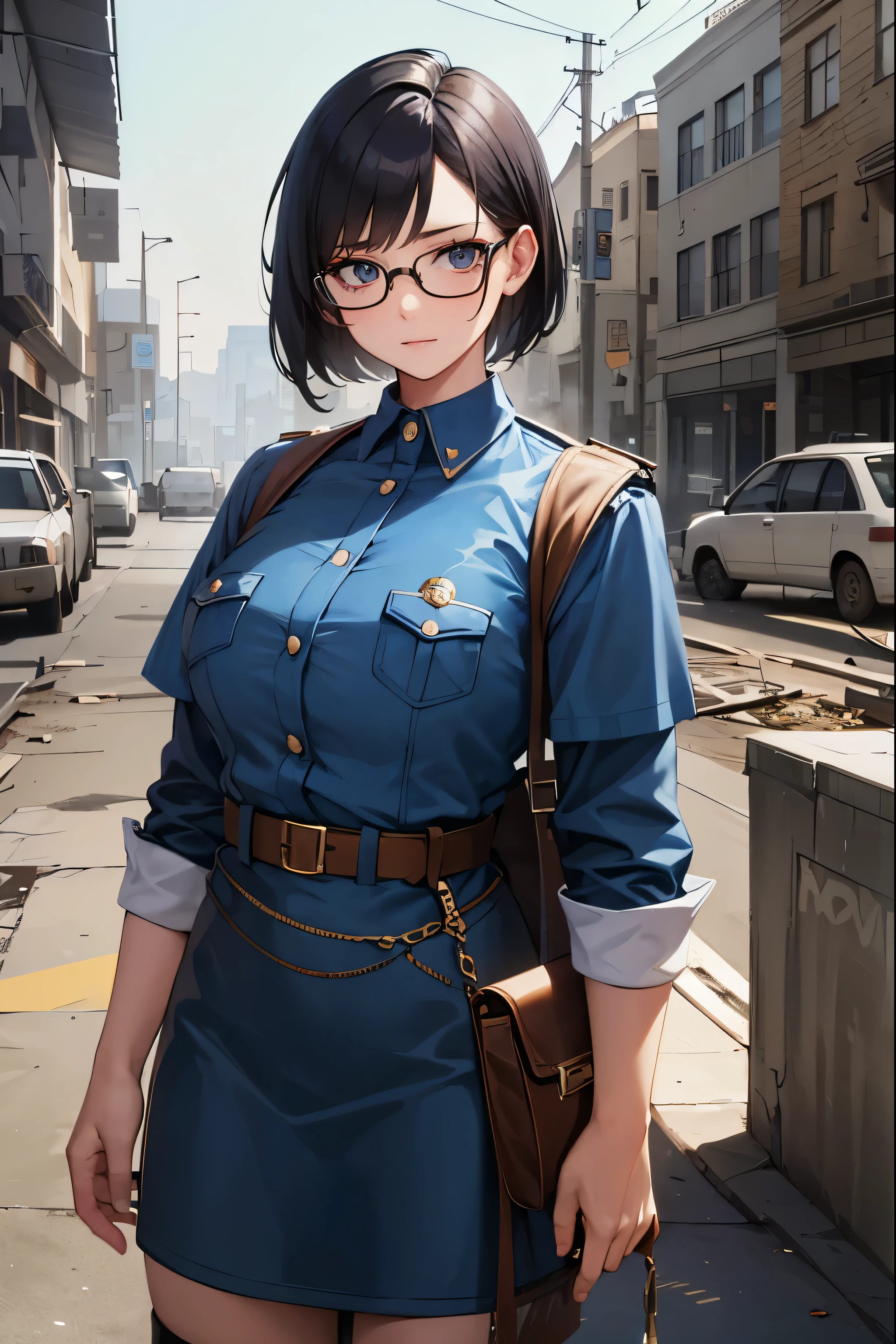 a pretty girl messenger, wearing large glasses, undercut hair, wearing postal uniform, in a post-apocalyptic world