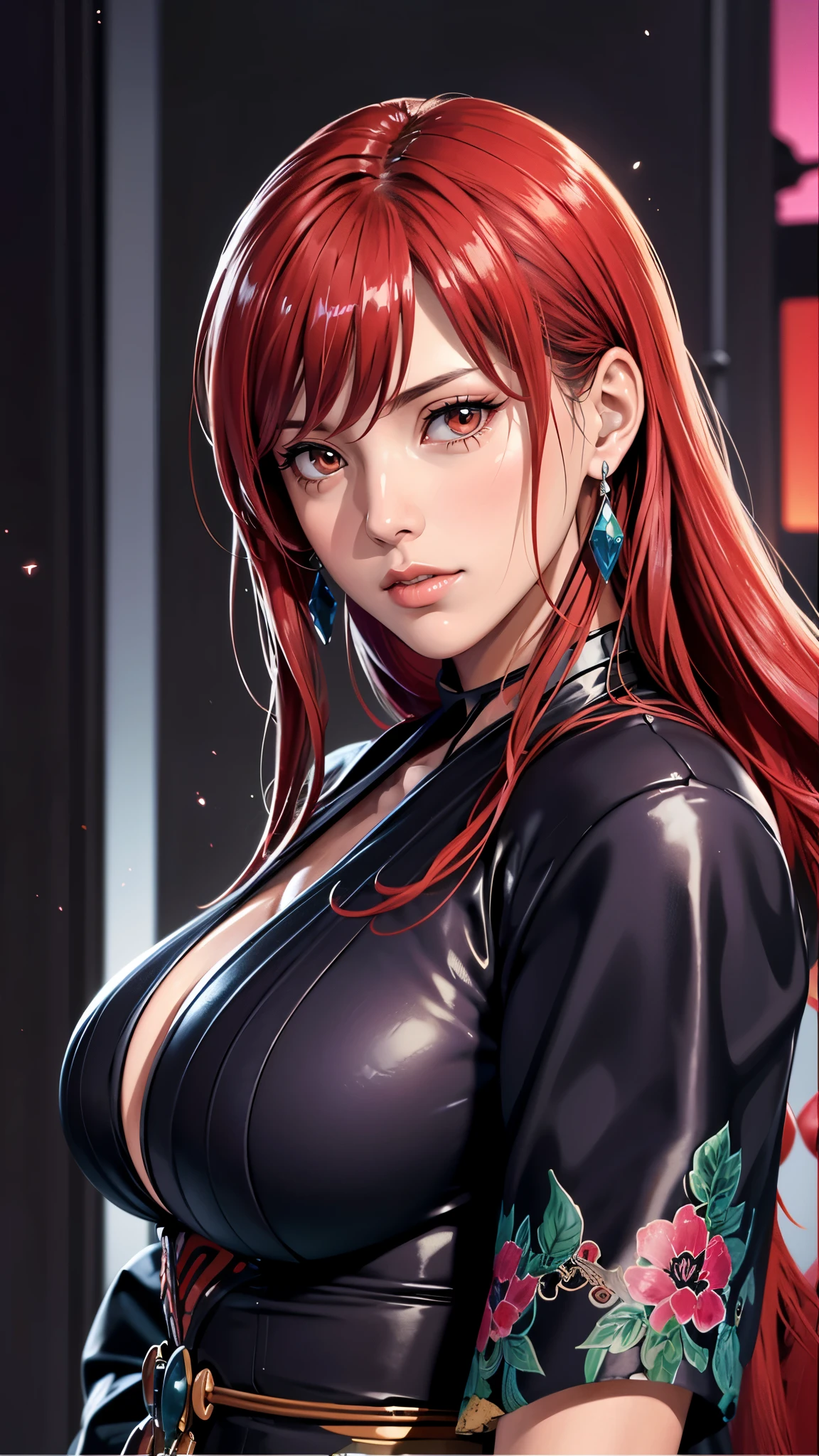 （（（完美figure，figure，solo， （（（Japanese clothing, purple kimono,Black strap  ））），（（（fairy tail, long hair, red hair, brown eyes, hair over one eye））），((masterpiece)),high resolution, ((Best quality at best))，masterpiece，quality，Best quality，（（（ Exquisite facial features，Looking at the audience,There is light in the eyes，(（（lol，confidence））)，））），型figure:1.7））），（（（Light and shadow，Huge breasts））），（（（Looking at the camera，black background，）））