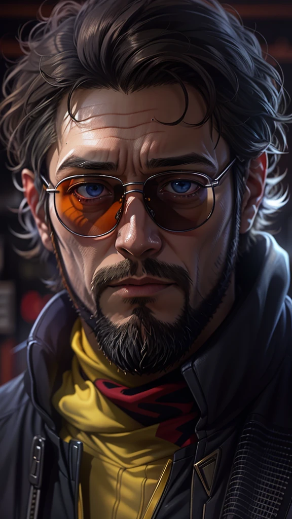 (Realistic, photoRealistic), (masutepiece, High quality, Best Quality), (Colorful),(Delicate eyes and face), volumatic light, Ray tracing, the Extremely Detailed CG Unity 8K Wallpapers, Solo, One Man, alone, Gendo Ikari, Black Hair, beard, Facial hair, Black jacket, Red turtleneck, Yellow sunglasses, graduate School