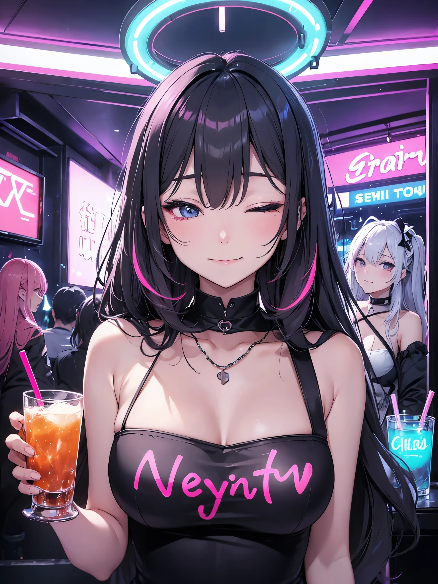 4 girls 、glad、Smiling、one eye closed、put out the tongue、、Tsundere、、（Akkanbe）, Chilarism、(nightclub:1.5, nightclub lady:1.2, Nightlounge:1.2, lounge girls:1.3, neon Light and Dark)、Upper body portrait、drink alcohol、Drunkards、Fun atmosphere、sexy lady、