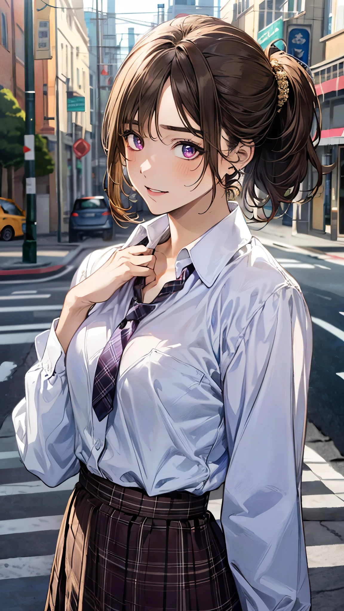 (masterpiece:1.3, top-quality, ultra high resolution, ultra detailed), (realistic, photorealistic:1.4), beautiful illustration, perfect lighting, natural lighting, depth of fields, super detailed skin, 
beautiful detailed hair, beautiful detailed face, beautiful detailed eyes, beautiful clavicle, beautiful body, beautiful chest, beautiful thigh, beautiful legs, beautiful hands, 
looking at viewer, (face focus, upper body), 1 girl, high school girl, 12 years, old, (perfect anatomy, anatomically correct), cute and symmetrical face, babyface, perfect face, perfect eyes, 
(short hair, (low ponytail:1,2), light brown hair), crossed bangs, (gold eyes), slant eyes, big eyes, long eye lasher, (medium breasts, juicy thighs, attractive thighs, cleavage:1.0), 
((detailed cloth texture, long sleeves white collared shirt, break, (purple) flat tie, break, (dark purple) plaid skirt, break, ), dark brown hair chouchou, finest underwear), dark blue school sheaths, 
(beautiful scenery), evening, (sidewalk, traffic light), (walking), (seductive smile, upper eyes, parted lips), 