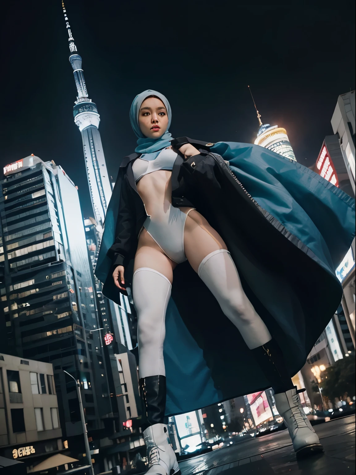 1 malay girl, solo,long big hijab, blue eyes, medium hijab, superhero, blue and white leotard, leggings, boots, hands on hip, top of building, very windy, city background, bokeh, nighttime, high quality, ultra detail, 8k, action pose, cinematic lighting, lot of smoke effect, dramatic action, fighting pose, style raw, 50mm lense, handheld shot camera angle, High Contrast cinematography effect, Natural Lighting, pastel color grading, hyper-detail photo,