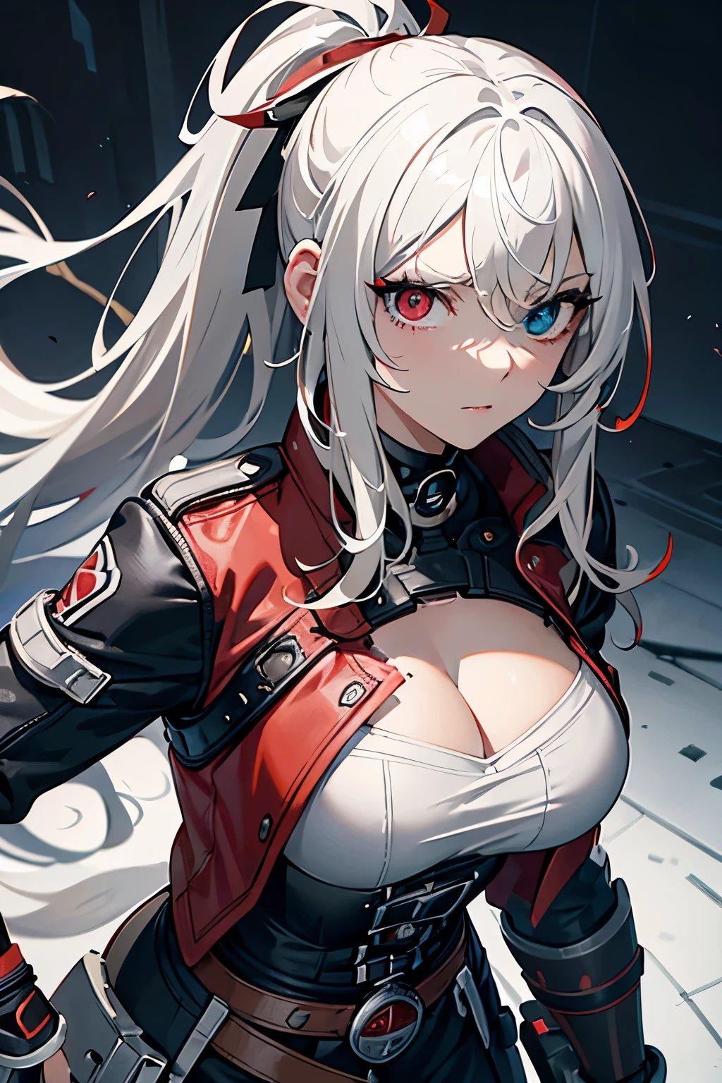 (best quality:1.3), (masterpiece:1.3), (illustration:1.3), (ultra-detailed:1.3), (mid shot:0.9), 1girl, heterochromia eyes, (((red right eye and gray left eye))), (((red right eye))), (((gray left eye))), (((heterochromia))), white hair, one eye covered, hair covering one eye, solo, (large breasts), tall, mature, long hair, serious expression, red overcoat, black pants, ponytail,