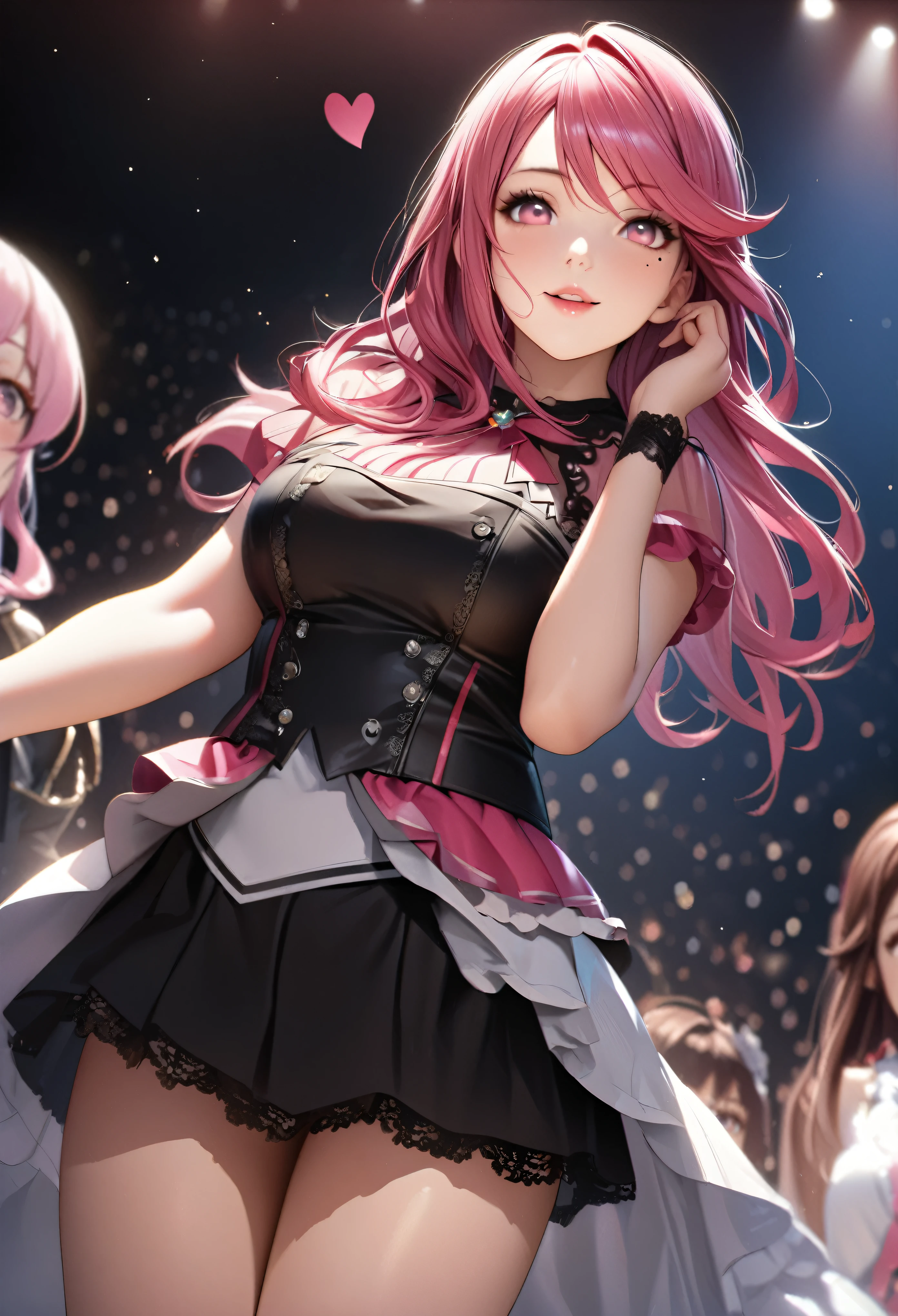 One Girl、Looking at the audience、
Beautiful Pink Eyes、long pink hair、,Mole under the eye、Plump and glossy lips、Heart-shaped choca、Idol、she is name Riko,smile、ー、。.。.。.。.。.。.。.。.。.。.。.。.。.。.。.。.。.。.3D、Realistic、
idol costume、short skirt,Drape clothes、gem、The decoration has been removed、Floral、Lace trim,On the glittering stage、
masterpiece、highest quality、8k、Detailed skin texture、Detailed cloth texture、Beautifully detailed face、Intricate details、Very detailed、
超A high resolution、8K Ultra HD、Film Grain、Best Shadow、delicate、Staring at the audience、front