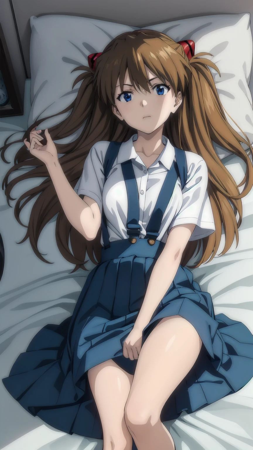 (((Pixel Perfect, Perfect detail))), One Girl, alone, From above, Asuka Langley Soryu, (Soryu Asuka Langley:1.2), Long Hair, bangs, blue eyes, Brown Hair, hair ornaments, skirt, shirt, ribbon, , white shirt, Short sleeve, blue skirt, suspenders, clock, suspender skirt, wristclock, Tokyo 3 Middle , (Lying in bed:1.3), indoor, whole body