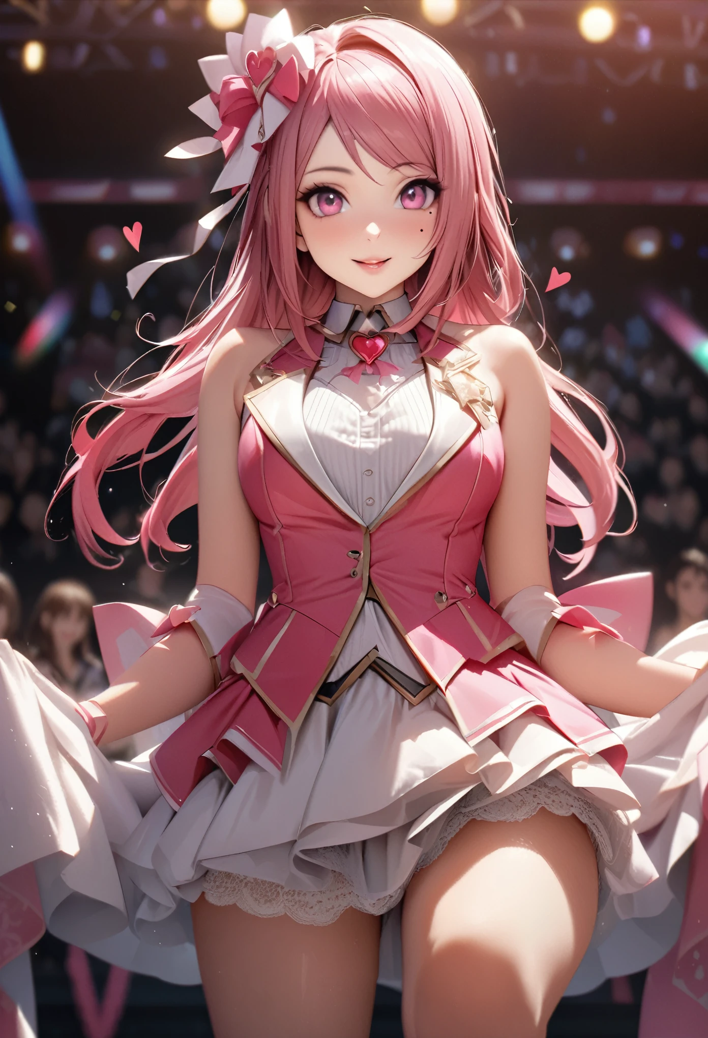 One Girl、Looking at the audience、
Beautiful Pink Eyes、long pink hair、,Mole under the eye、Plump and glossy lips、Heart-shaped choca、Idol、she is name Riko,smile、ー、。.。.。.。.。.。.。.。.。.。.。.。.。.。.。.。.。.。.3D、Realistic、
idol costume、short skirt,Drape clothes、gem、The decoration has been removed、Floral、Lace trim,On the glittering stage、
masterpiece、highest quality、8k、Detailed skin texture、Detailed cloth texture、Beautifully detailed face、Intricate details、Very detailed、
超A high resolution、8K Ultra HD、Film Grain、Best Shadow、delicate、Staring at the audience、front