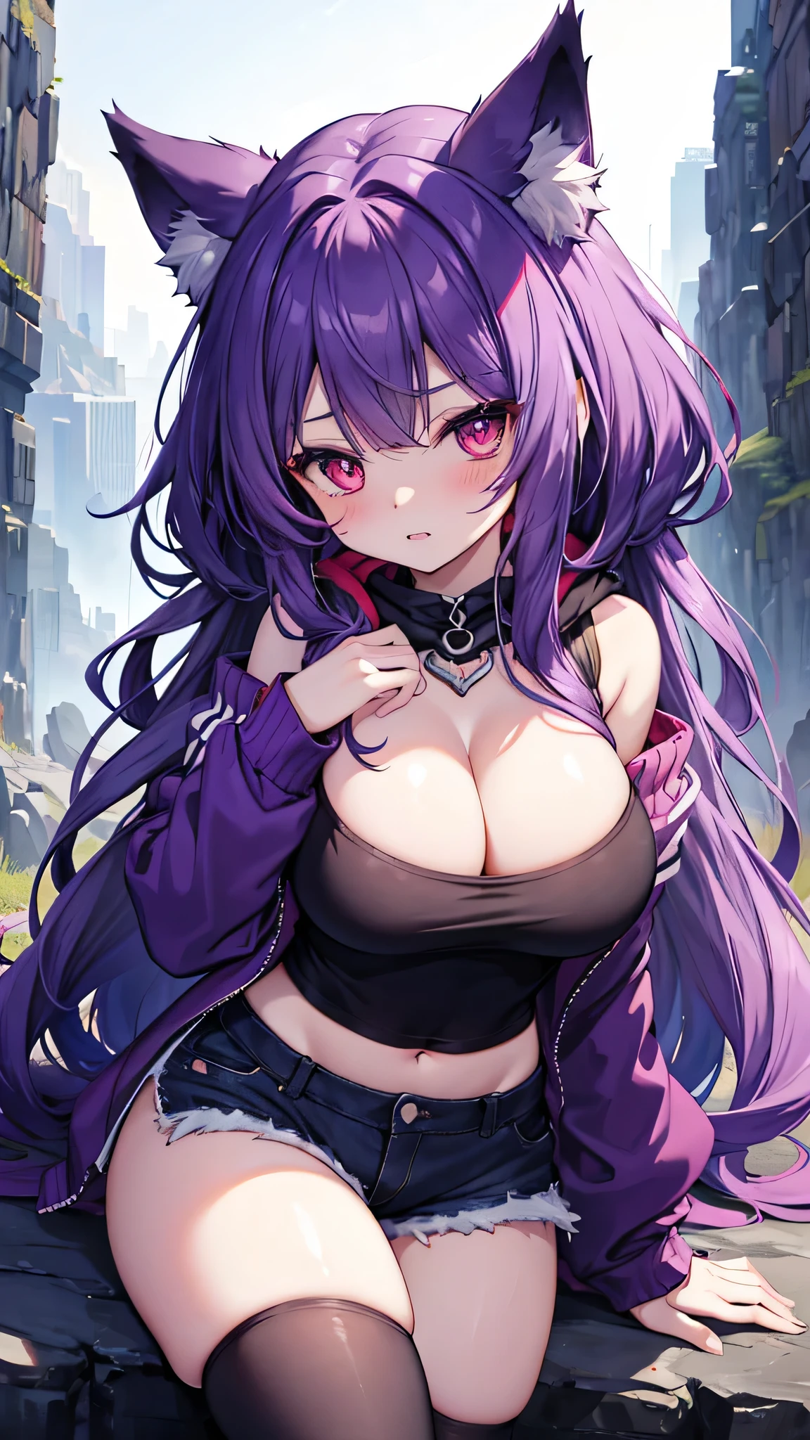 Wolf Woman, Big Breasts, Voluminous purple hair, masterpiece , Red eyes、Double teeth、tooth、Blushed cheeks、 hd, Head to Chest, buried in my chest、Underbust、Cleavage、hoodie、Shorts、 in the valley、Solid color background、Knee socks、Tank top