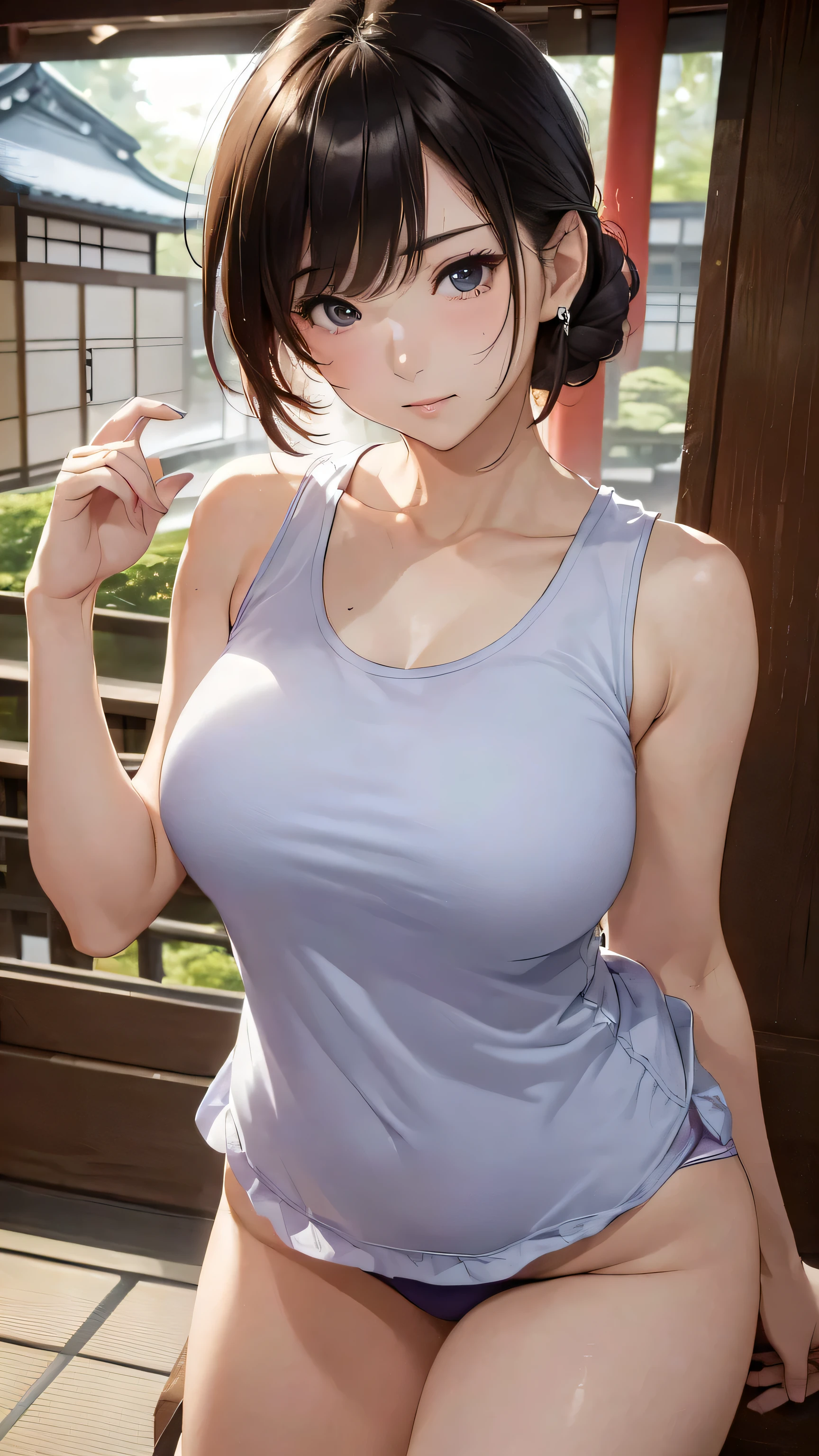 (((masterpiece))),(((high resolution)))、(((8k)))、(((Perfect face)))、(((The Beauty of Japan)))、40 years old、(((Pretty Face))), (((Vest))), Panties, Embarrassed look, Looking at the camera, (thigh)、Top quality eyes, Detailed texture, Looking at the camera, permanent, full, Big