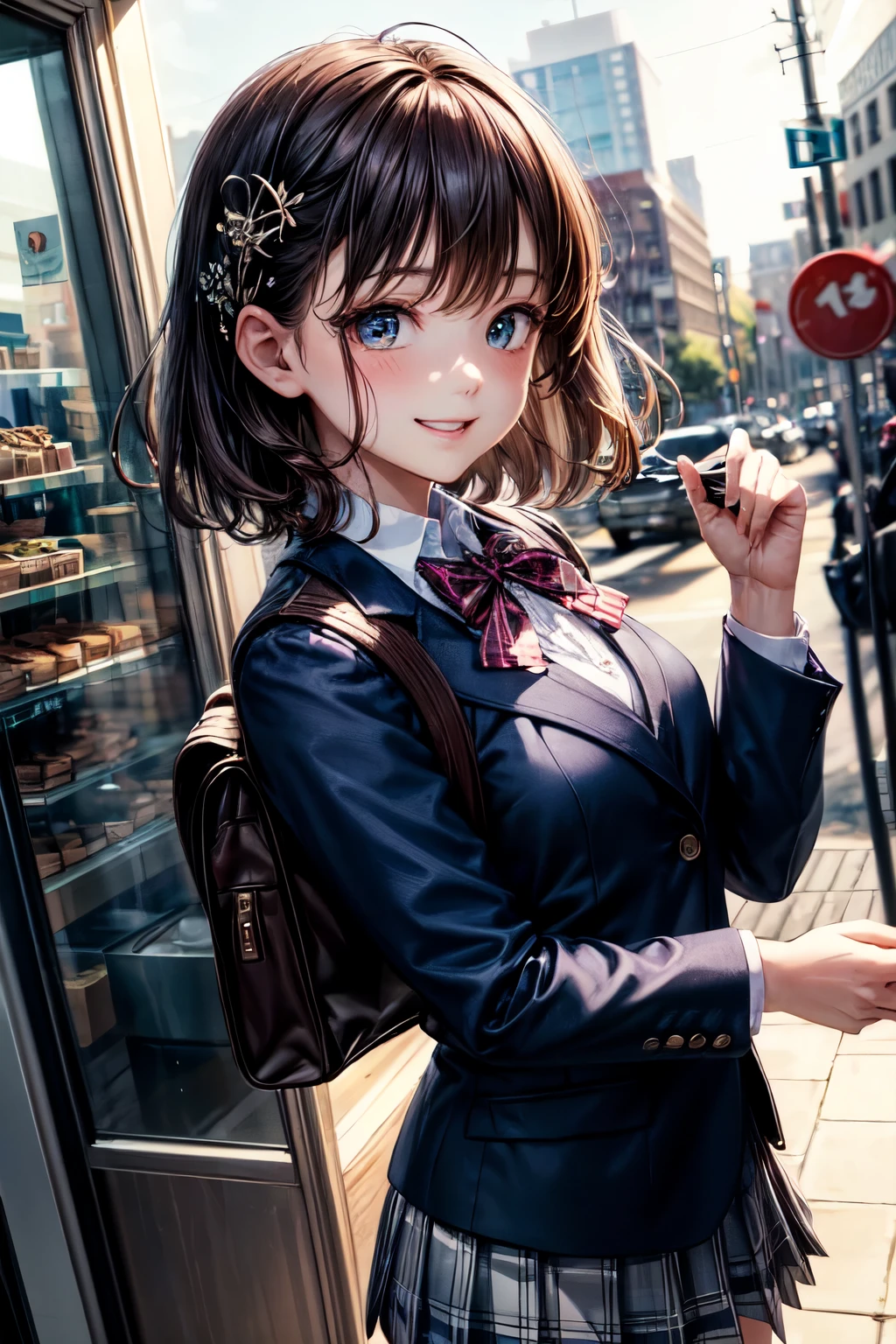 very cute and beautiful girl,teen,(highly detailed beautiful face),
(blue blazer , pleated mini skirt),standing in front of cake shop show window,
(smile),cowboy shot,holding school bag,hair pin,black hair,downtown street,
(best quality,masterpiece:1.0),absurdres,highres,ultra-detailed,extremely detailed,32k,8k resolution,
intricate details,cinematic scene,detailed background,solo,dynamic angle,hair fluttering in the wind,