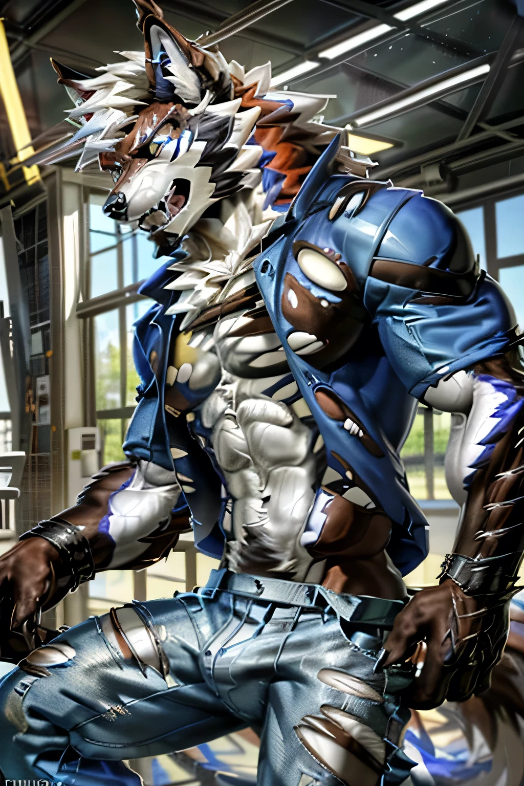 hi-res, good graphics, in-depth details,great anatomy, Clear details,anatomically correct, digital art, detailed body. Male, Lanther turns: feral male wolf, Thick fur, Clothing: Torn clothes. (artists: chunie, xnirox, Todex, T_Y_stars).
