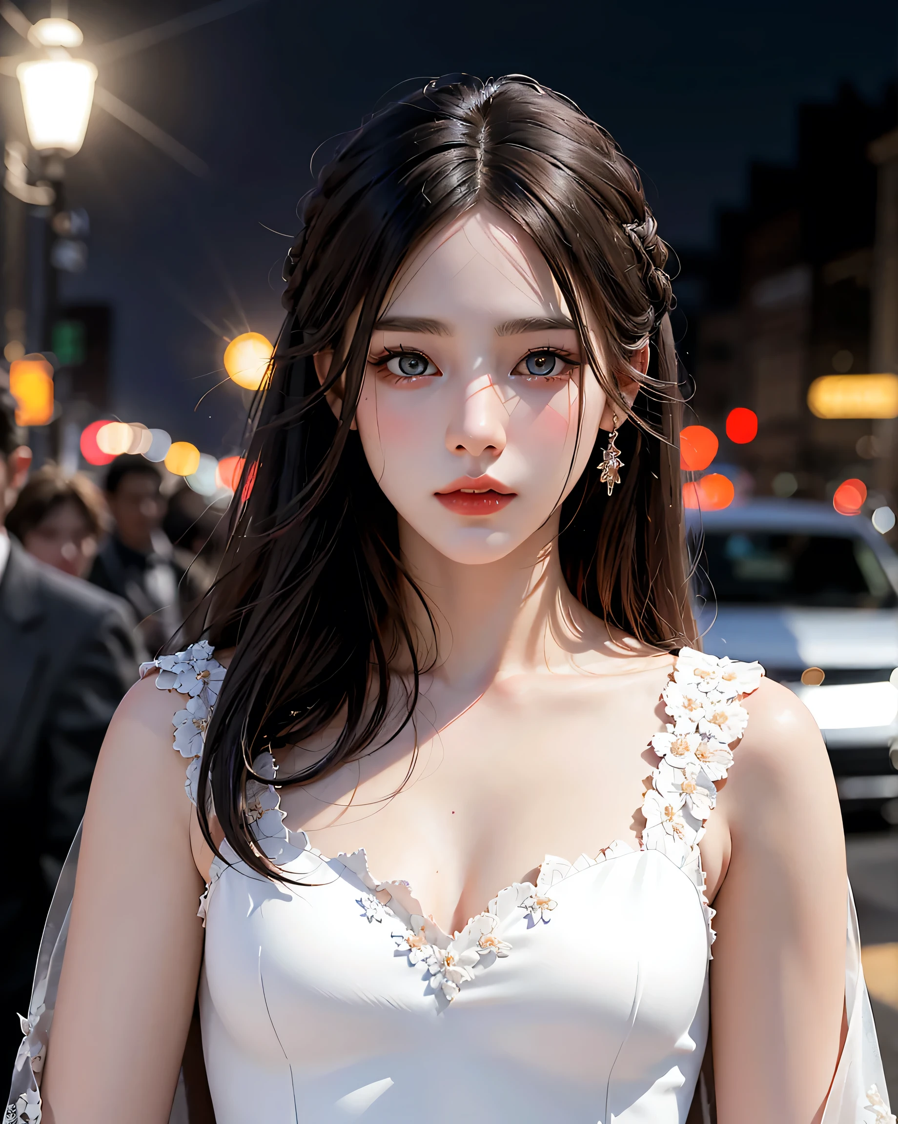 masterpiece, (Front Focus), Surrealist female portrait, Fantasy art, realism, Dynamic Lighting, Art Station, Poster, Volumetric lighting, Highly detailed face, black and fluffy eyes, Sparkling Eyes,4K, Awards, 1 girl, Modest,Full Body Shot, (Formal attire: 1.4,white lace gown), Street lights, Dark brown hair,