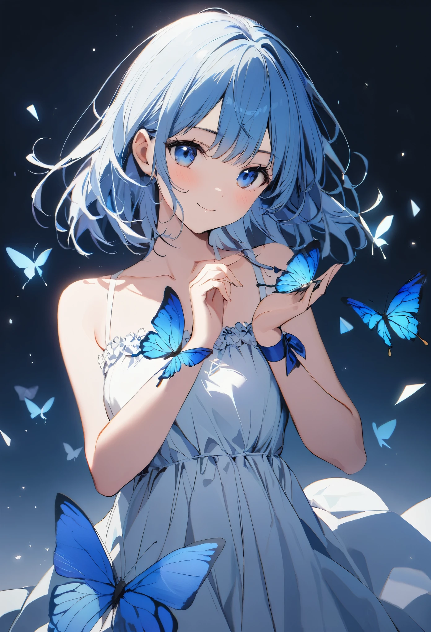 1girl,bare_arms,bare_shoulders,holding_butterfly,cupped_hands,hands_out,delicate_holding,blue_butterfly,blue_ribbon,blue_theme,breasts,bug,butterfly,butterfly_on_hand,closed_mouth,collarbone,dress,glass_shards,ribbon,simple_background,sleeveless,sleeveless_dress,small_breasts,smile,solo,sundress,too_many,too_many_butterflies,white_background,white_dress,wrist_ribbon,serii,