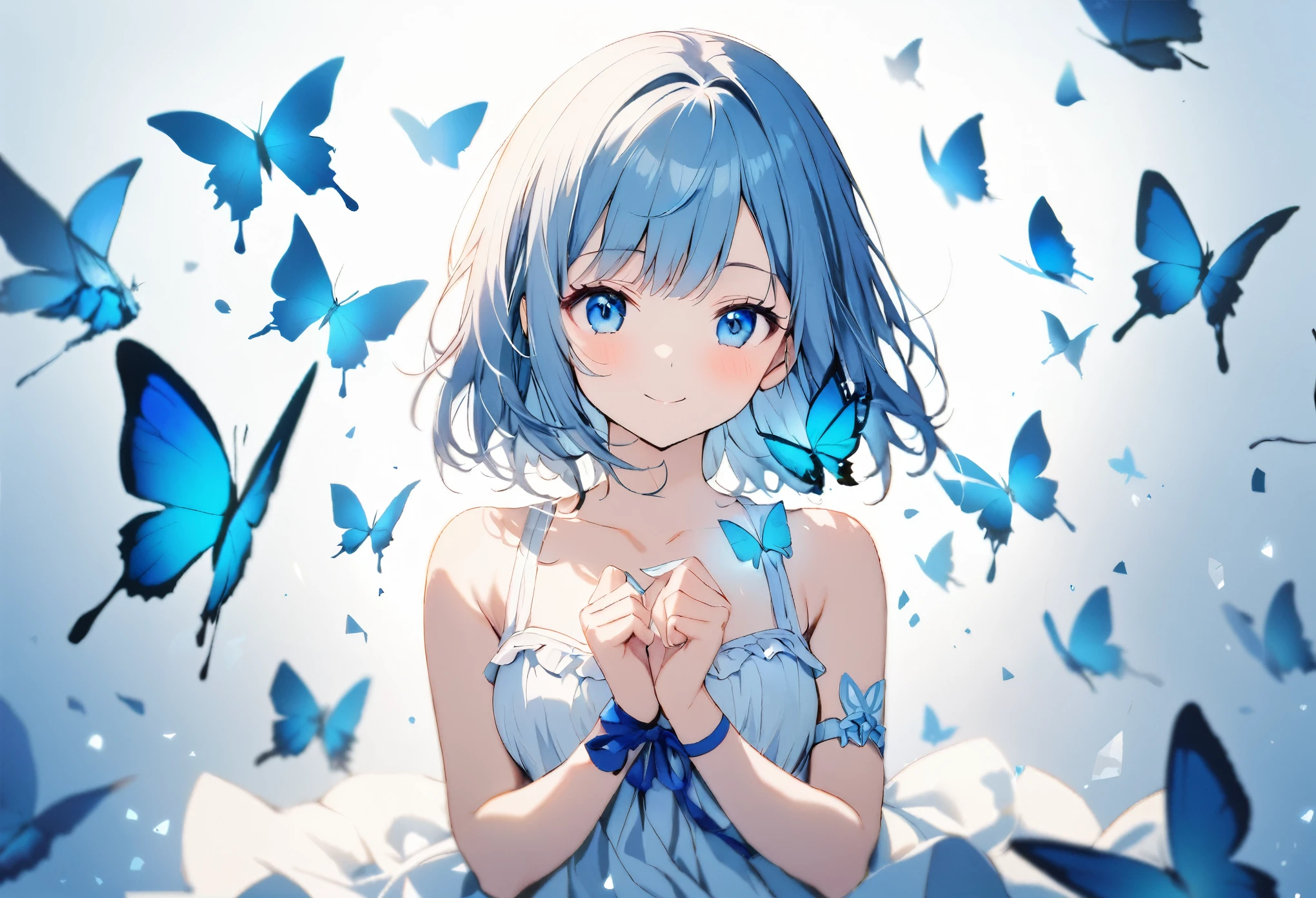 1girl,bare_arms,bare_shoulders,holding_butterfly,cupped_hands,hands_out,delicate_holding,blue_butterfly,blue_ribbon,blue_theme,breasts,bug,butterfly,butterfly_on_hand,closed_mouth,collarbone,dress,glass_shards,ribbon,simple_background,sleeveless,sleeveless_dress,small_breasts,smile,solo,sundress,too_many,too_many_butterflies,white_background,white_dress,wrist_ribbon,serii,