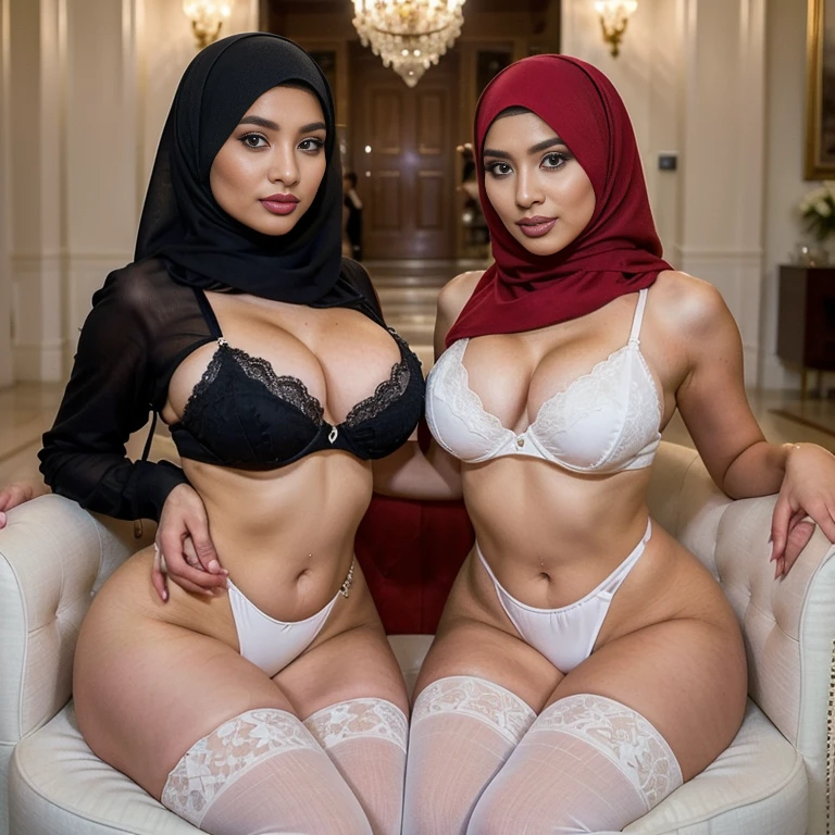 In a regal setting, two sexually attractive hourglass figure adult video star hijabi Muslim MILF sit side by side on a magnificent throne, radiating elegance and confidence. They share the same height and body proportions, creating a visually stunning image of unity and strength.
Both ladies wear white (lace hijabs), beautifully wrapped around their heads, framing their faces and accentuating their natural beauty. The delicate lace adds a touch of femininity and sophistication to their overall look.
Complementing their hijabs, both ladies wear white stockings string bra string thong that add a subtle hint of allure to their ensemble. The stockings enhance their elegant and poised posture, further highlighting their hourglass figures.
Their makeup is flawlessly applied, with striking red lips, voluminous mascara, captivating eye shadow, precise eyeliner, and luxurious lashes. These elements enhance their already mesmerizing features, drawing attention to their expressive eyes.
As they sit close to each other on the throne, they exude a sense of unity and sisterhood. Their presence showcases the beauty and strength of hijabi Muslim women, empowering others to embrace their identities and celebrate their unique beauty.
she is looking at viewer, skin texture, ultra high res, RAW, instagram LUT, masterpiece, best quality, ultra-detailed, ultra high resolution, RAW, 4k, (looking at viewer), extremely detailed eyes and face, ((beautiful detailed nose)), ((beautiful detailed thigh)), ((beautiful detailed eyes)), perfect body proportion, (looking at the camera), seductive face, cheerful, happy, (red thighhighs) (hijab) (SFW:1.5), five fingers, detailed fingers, (string bikini), sexually satisfying face