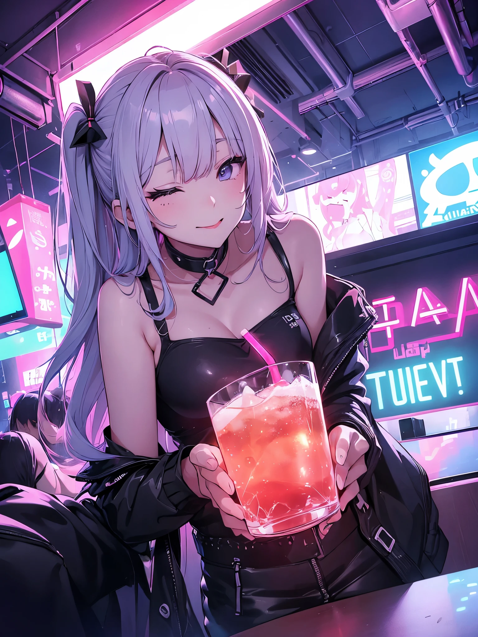 4 girls 、glad、Smiling、one eye closed、put out the tongue、、Tsundere、、（Akkanbe）, Chilarism、(nightclub:1.5, nightclub lady:1.2, Nightlounge:1.2, lounge girls:1.3, neon Light and Dark)、Upper body portrait、drink alcohol、Drunkards、Fun atmosphere、sexy lady、