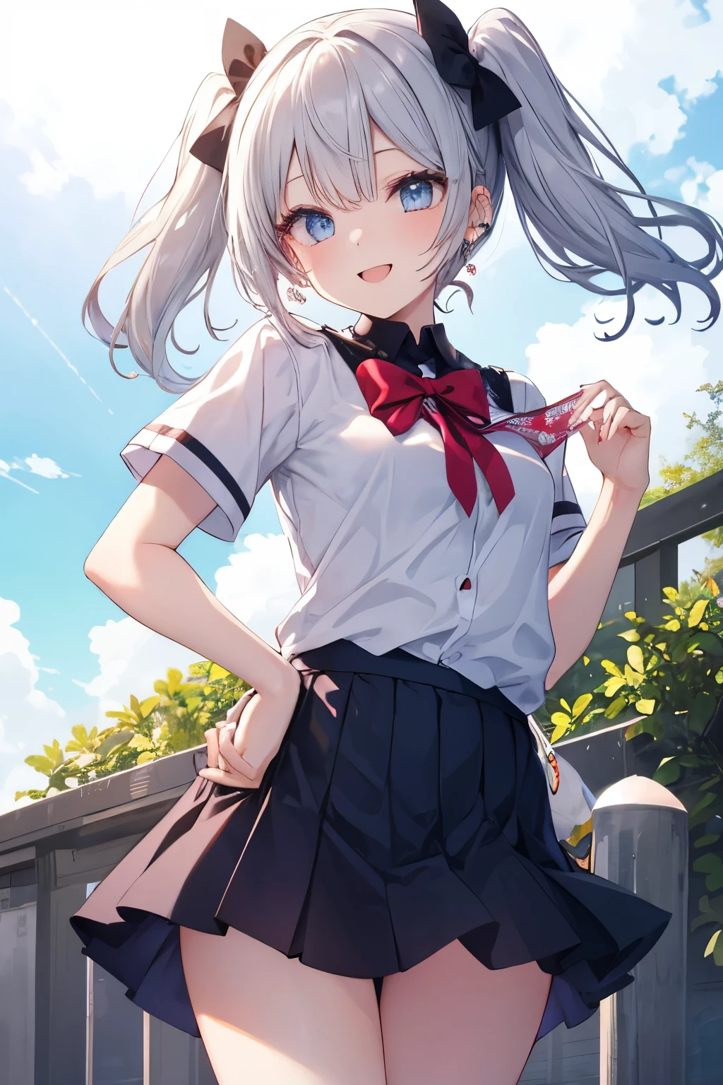 (masterpiece,best quality, 8k,ultra high res),(1 cute girl, shiny body,shiny, normal size breasts),A girl playing on a big_slide in a park,(school_uniform:1.2),silver hair,Flower accessories on the head,A girl smiling at the top of a slide,dynamic angle
