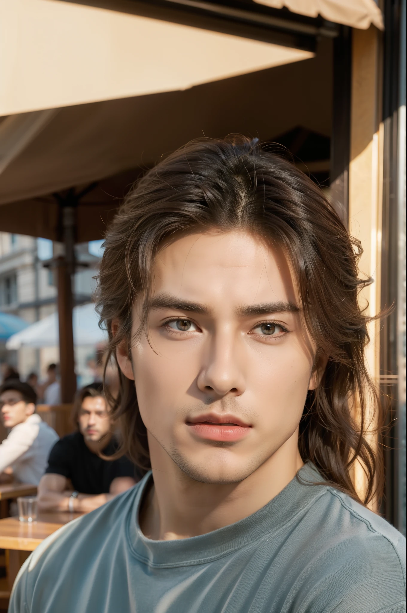 ( masterpiece) , Realistic, Portrait of a young muscular man, Insanely handsome face, sunlight, Cinematic Light, Disheveled windblown hair, Amazingly handsome man, Beautiful Eyes, Perfect Anatomy, Very masculine , Tanned golden skin, Prince Hazel Eyes, ( Frame your head) , Stylized, 8 Life-size, 8k resolution, Dressed in stylish clothes, resting on the terrace of a cafe, Looking into the distance, Human hand, Strangely rich and masculine, Full body view, dynamic, Very masculine, Character Sheet, Concept Art, Smooth and distant