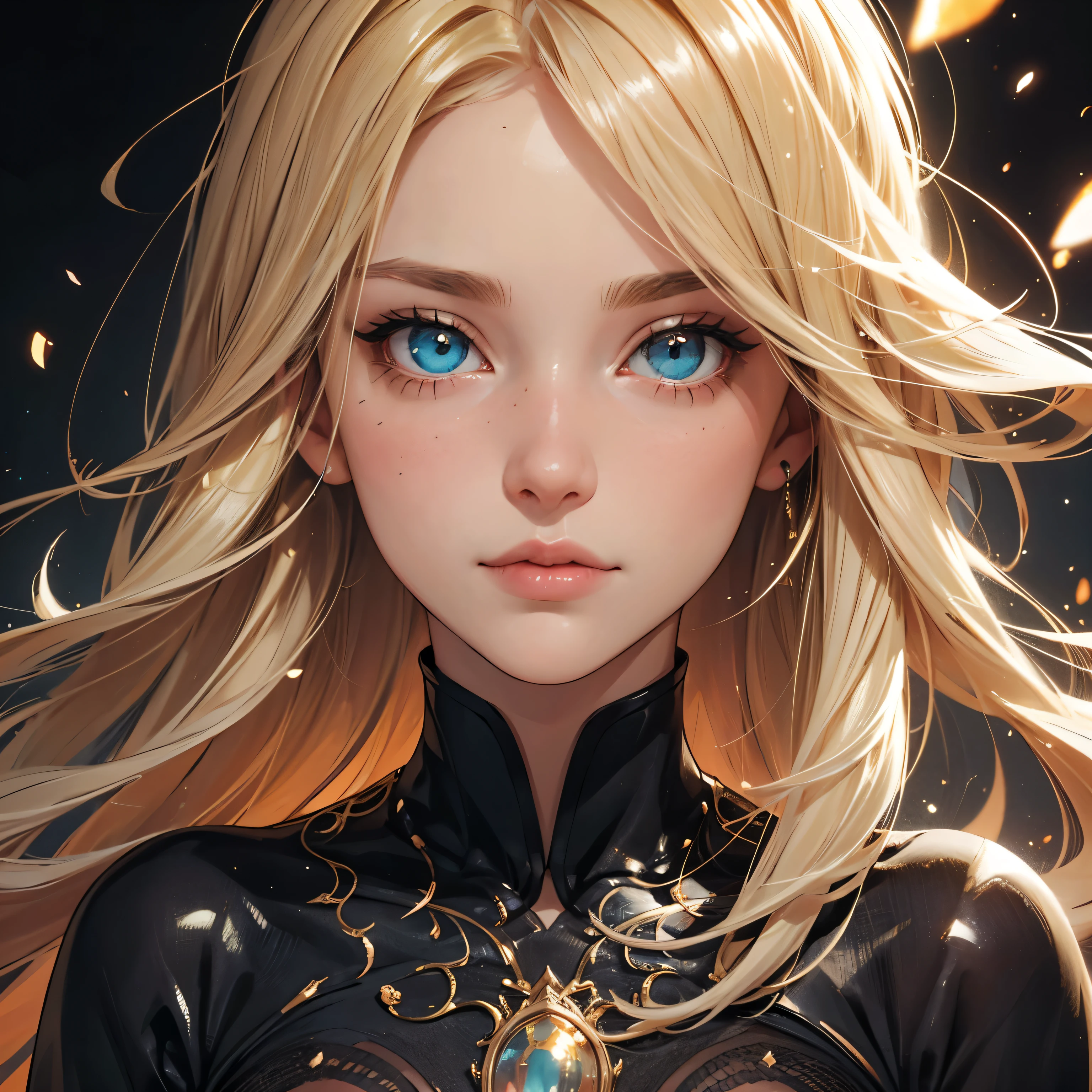 portrait,close up blonde woman,(best qualtiy,tmasterpiece),1girl,nice poses, Particle,ventania,The upper part of the body,clothes, beautiful detail eyes, black, side glance, multicolor hair, colorful light, particles, heterochromia,