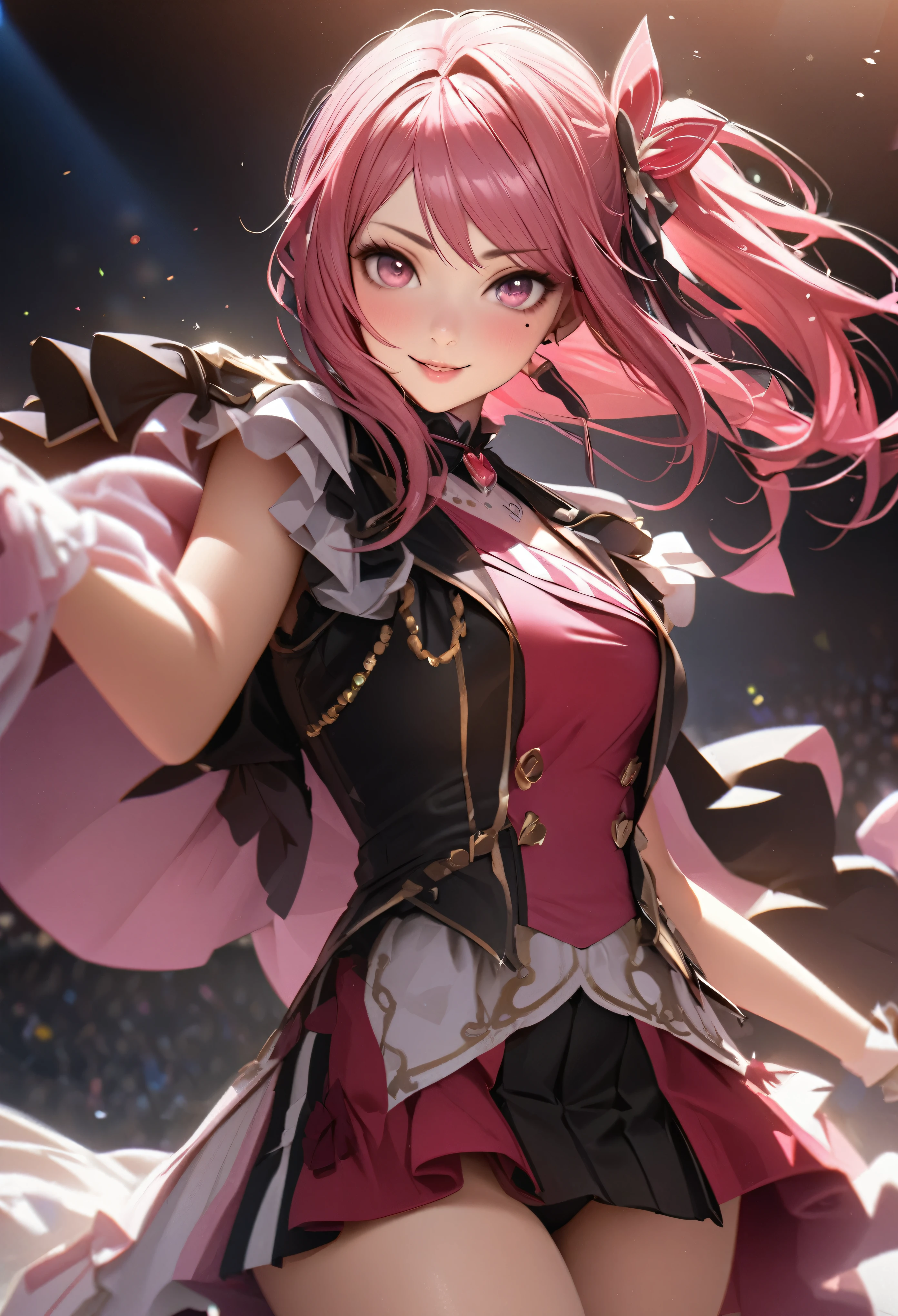 One Girl、Looking at the audience、
Beautiful Pink Eyes、long pink hair、,Mole under the eye、Plump and glossy lips、Heart-shaped choca、Idol、she is name Riko,smile、ー、。.。.。.。.。.。.。.。.。.。.。.。.。.。.。.。.。.。.3D、Realistic、
idol costume、short skirt,Drape clothes、gem、The decoration has been removed、Floral、Lace trim,On the glittering stage、
masterpiece、highest quality、8k、Detailed skin texture、Detailed cloth texture、Beautifully detailed face、Intricate details、Very detailed、
超A high resolution、8K Ultra HD、Film Grain、Best Shadow、delicate、Staring at the audience、front