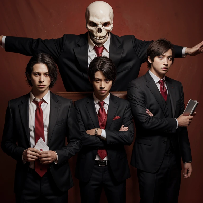 Three-piece suit and tie,Dynamic poses,Nervous expression, Red background,death note style