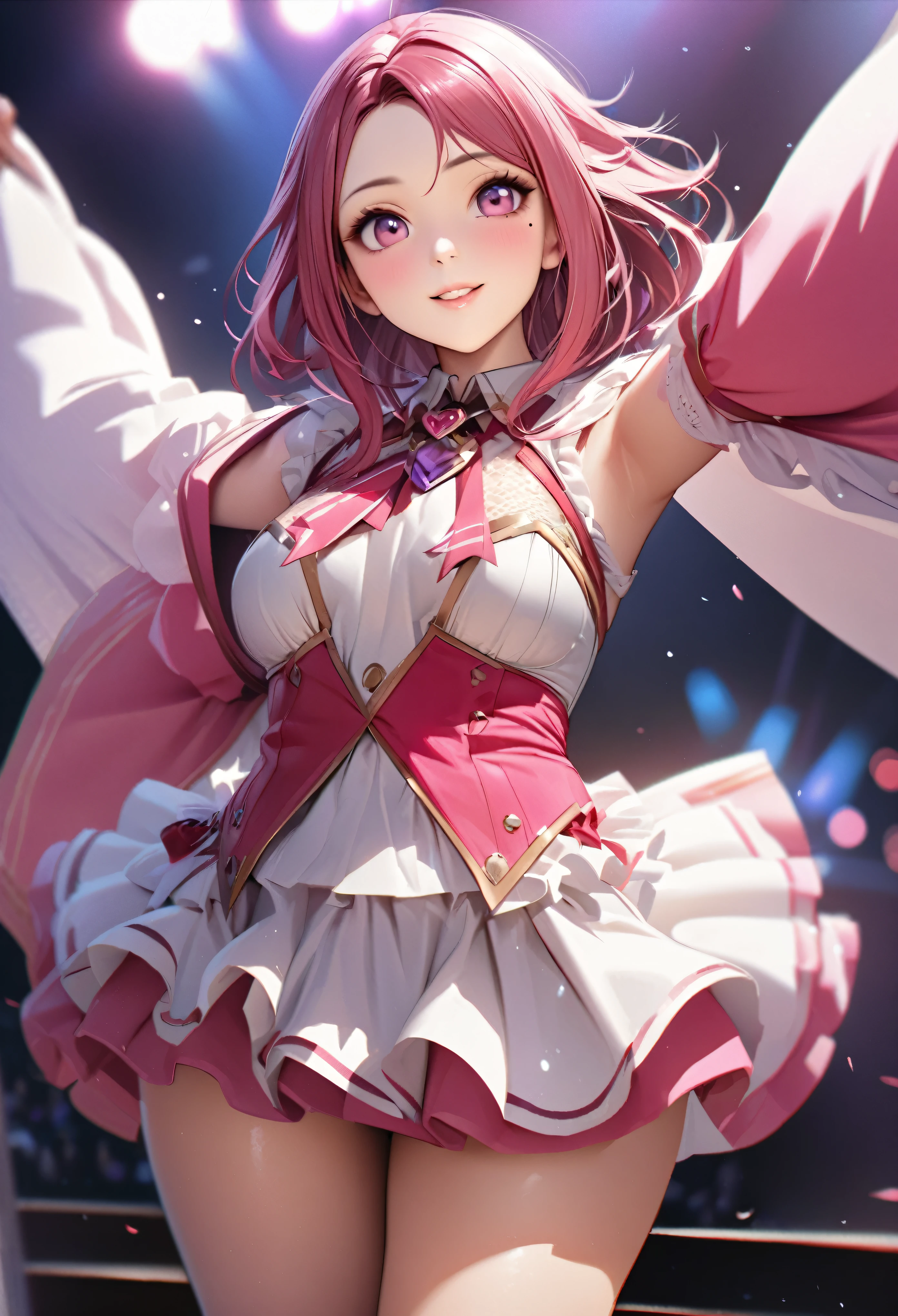 One Girl、Looking at the audience、
Beautiful Pink Eyes、long pink hair、,Mole under the eye、Plump and glossy lips、Heart-shaped choca、Idol、she is name Riko,smile、ー、。.。.。.。.。.。.。.。.。.。.。.。.。.。.。.。.。.。.3D、Realistic、
idol costume、short skirt,Drape clothes、gem、The decoration has been removed、Floral、Lace trim,On the glittering stage、
masterpiece、highest quality、8k、Detailed skin texture、Detailed cloth texture、Beautifully detailed face、Intricate details、Very detailed、
超A high resolution、8K Ultra HD、Film Grain、Best Shadow、delicate、Staring at the audience、front