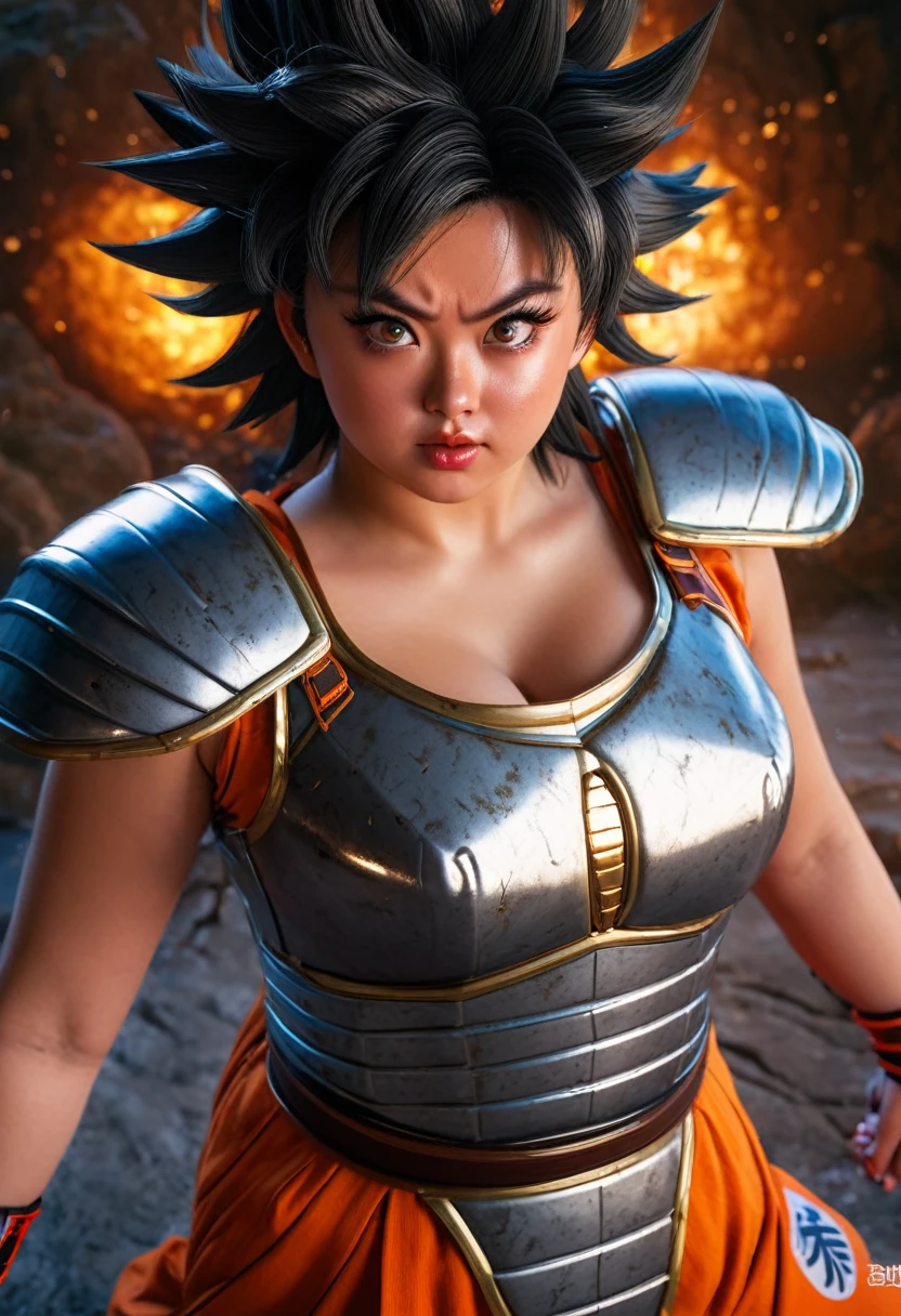 prompt: A plus-size girl in full Son Goku armor, performing a kamekame move, with beautiful detailed eyes, detailed lips, and an extremely detailed face, long eyelashes, vibrant colors, realistic lighting, (best quality, 4k resolution, high details), physically-based rendering.